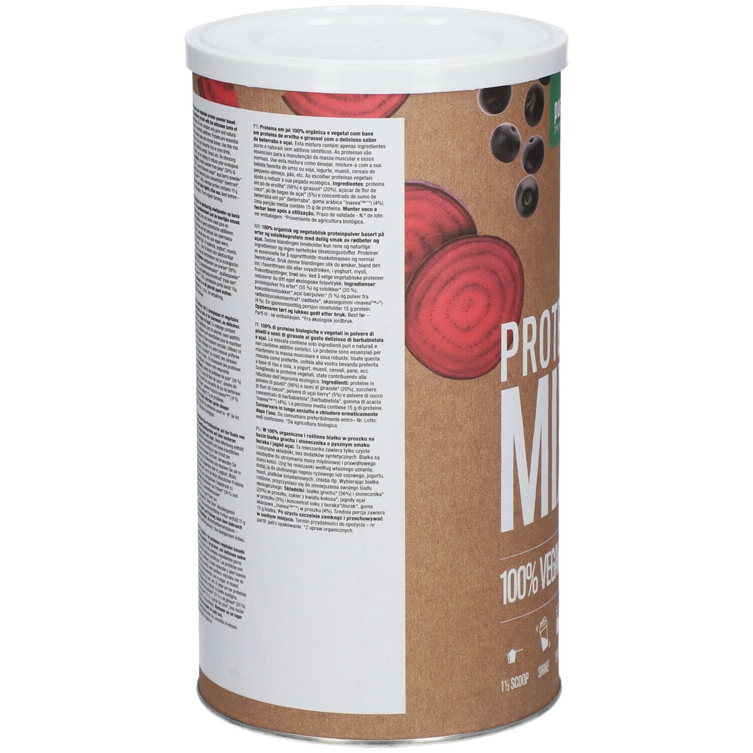 Achterkant van de pot purasana® Vegan Protein Mix. Tekst in meerdere talen. Afbeeldingen van rode biet en acai.