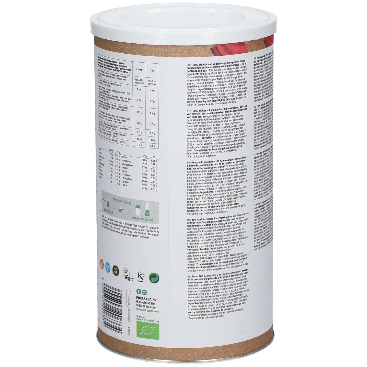 Achterkant van de pot purasana® Vegan Protein Mix. Voedingswaarde-informatie en tekst in meerdere talen.