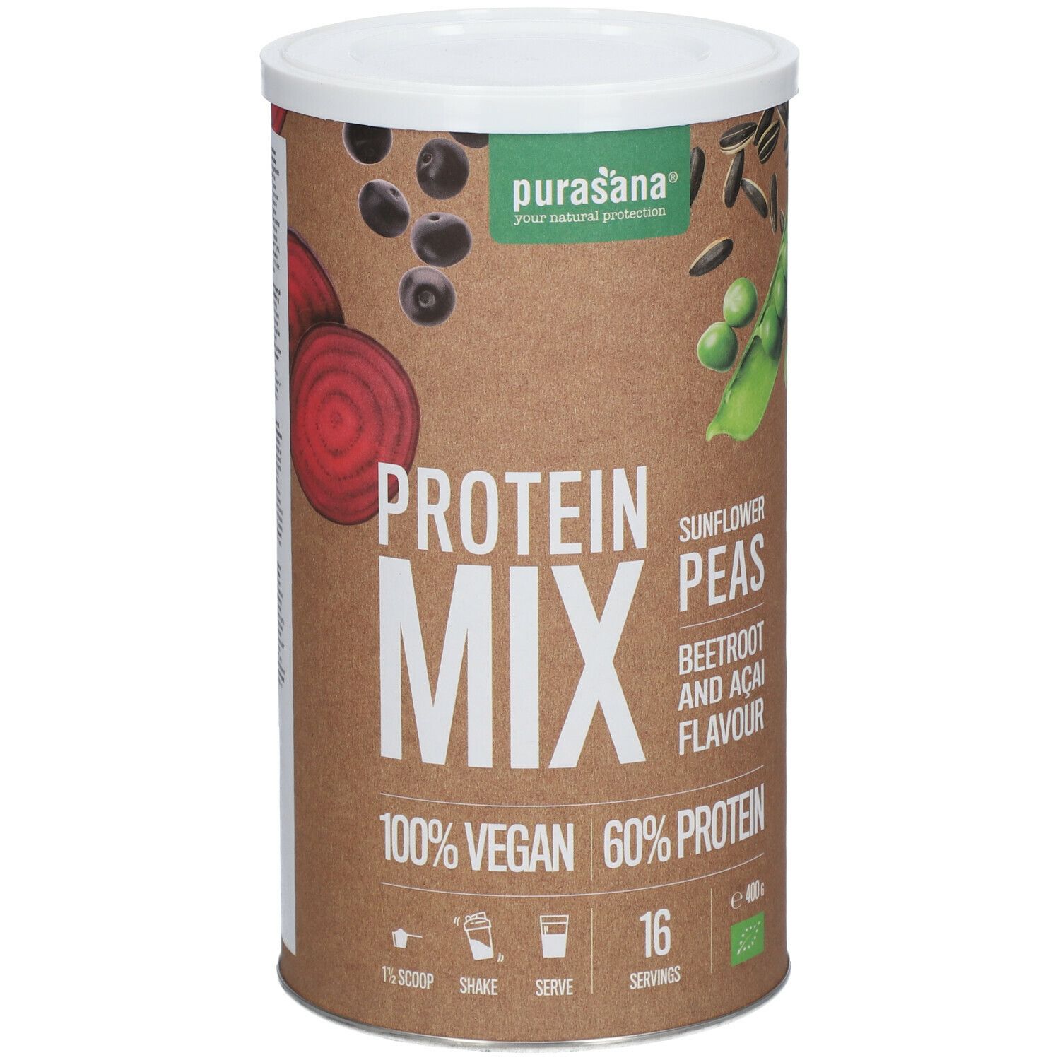 Cilindervormige pot purasana® Vegan Protein Mix. Opschrift: 100% Vegan, 60% Protein. Smaak: rode biet en acai.