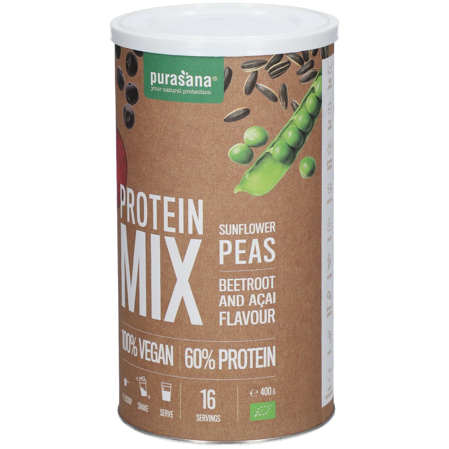 Cilindervormige pot purasana® Vegan Protein Mix. Opschrift: 100% Vegan, 60% Protein. Smaak: rode biet en acai.