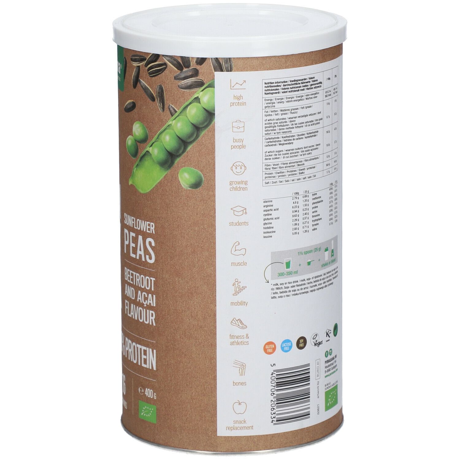 Achterkant van de pot purasana® Vegan Protein Mix. Voedingswaarde-informatie en tekst in meerdere talen. Afbeelding van erwten.