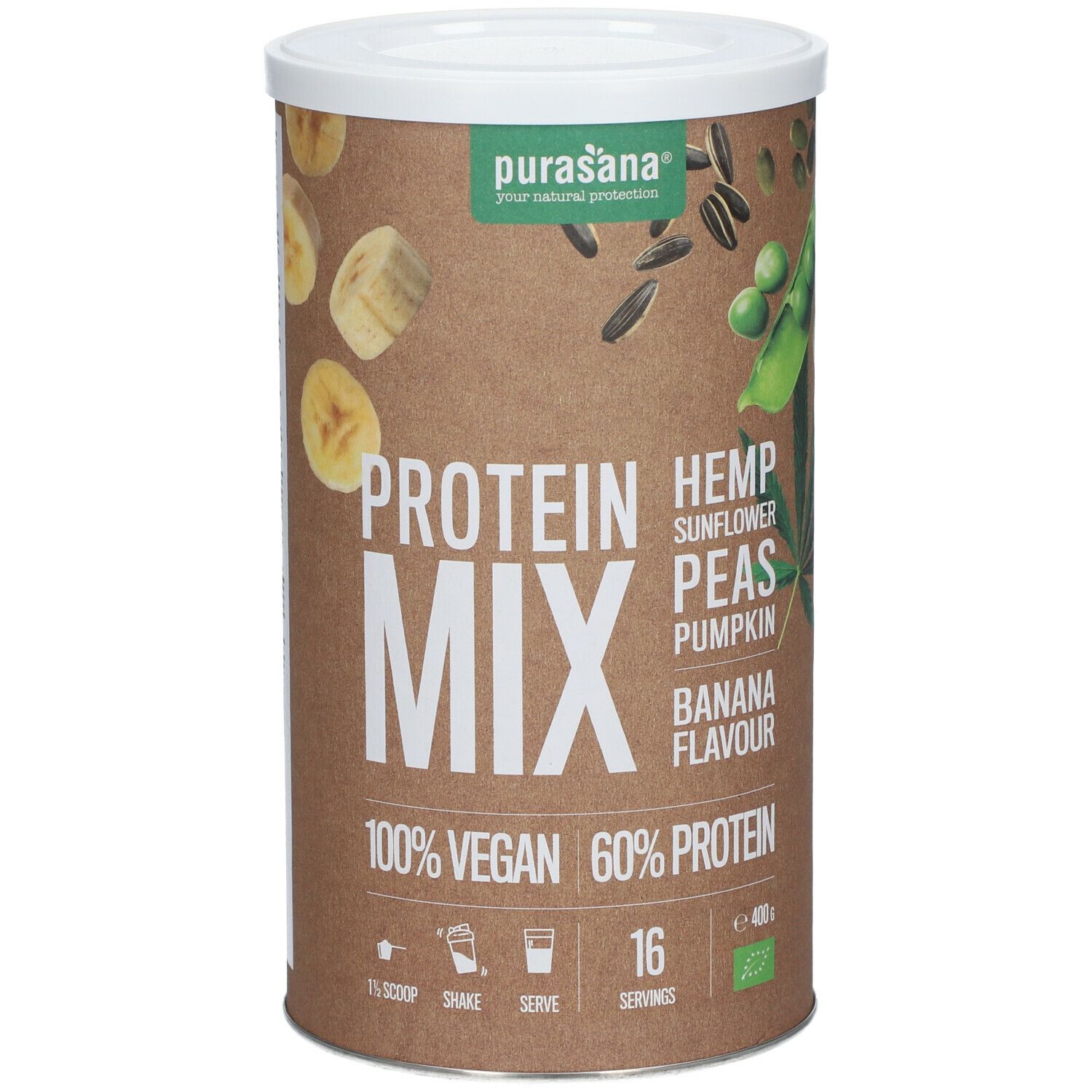 Boîte cylindrique de purasana® Protein Mix. Inscription : 100% Vegan, 60% Protein, goût banane. Illustration de tranches de banane et ingrédients.