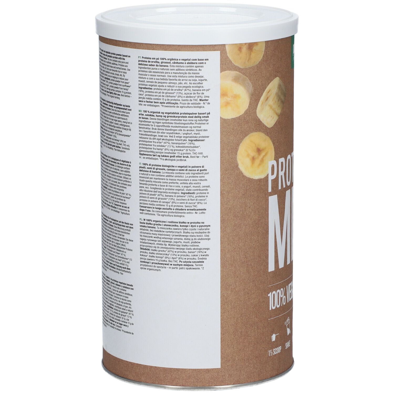 Boîte cylindrique avec texte. Dos avec texte en plusieurs langues. Inscription : 100% Vegan. Illustration de tranches de banane.