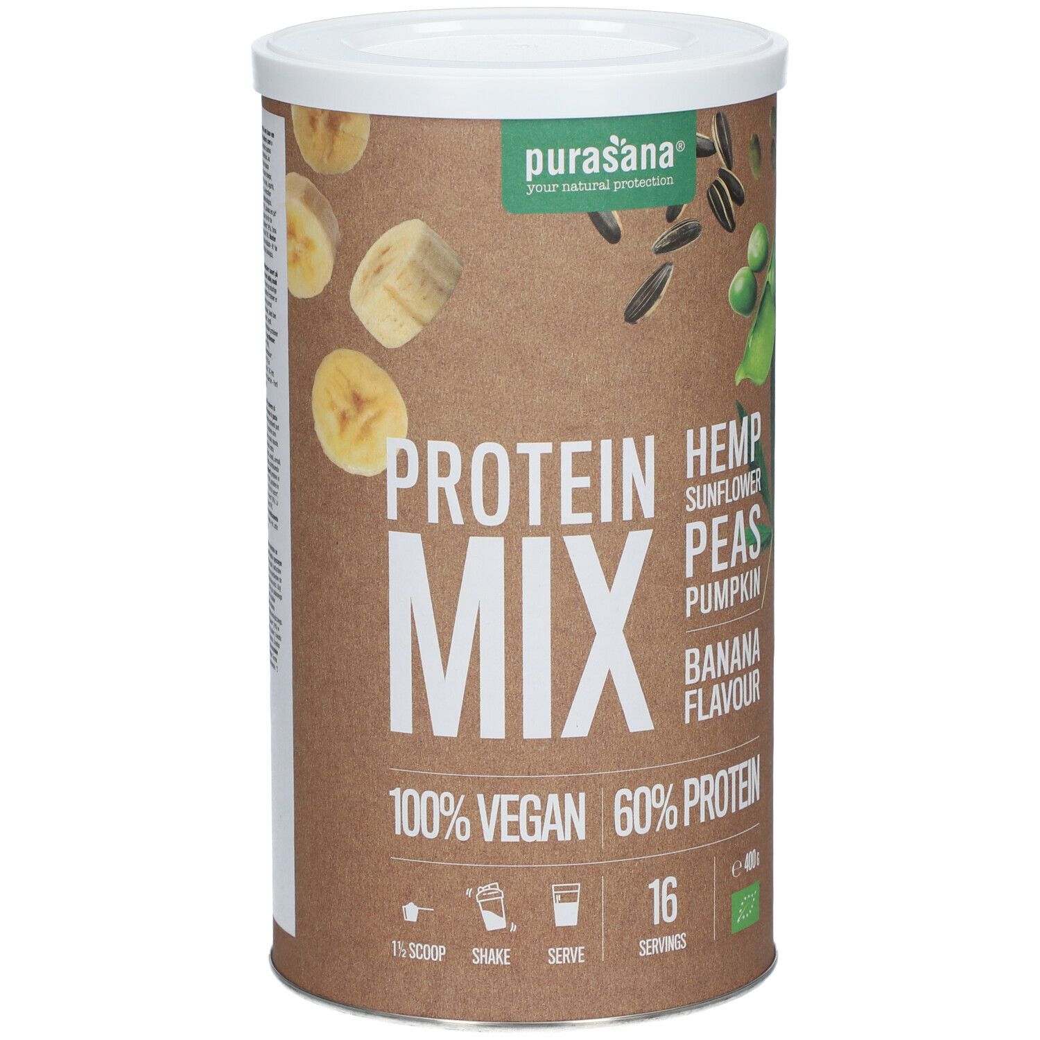 Boîte cylindrique de purasana® Protein Mix. Inscription : 100% Vegan, 60% Protein, goût banane. Illustration de tranches de banane et ingrédients.