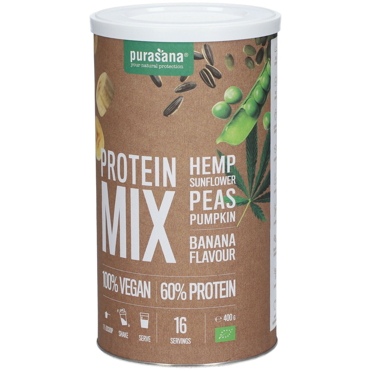 Boîte cylindrique de purasana® Protein Mix. Inscription : 100% Vegan, 60% Protein, goût banane. Illustration de tranches de banane et ingrédients.