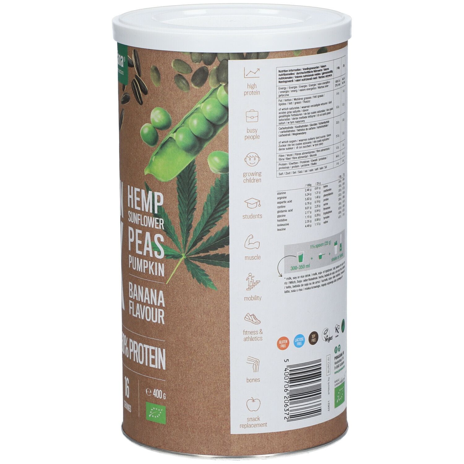 Boîte cylindrique de purasana® Protein Mix. Inscription : 100% Vegan, 60% Protein, goût banane. Illustration de tranches de banane et ingrédients.