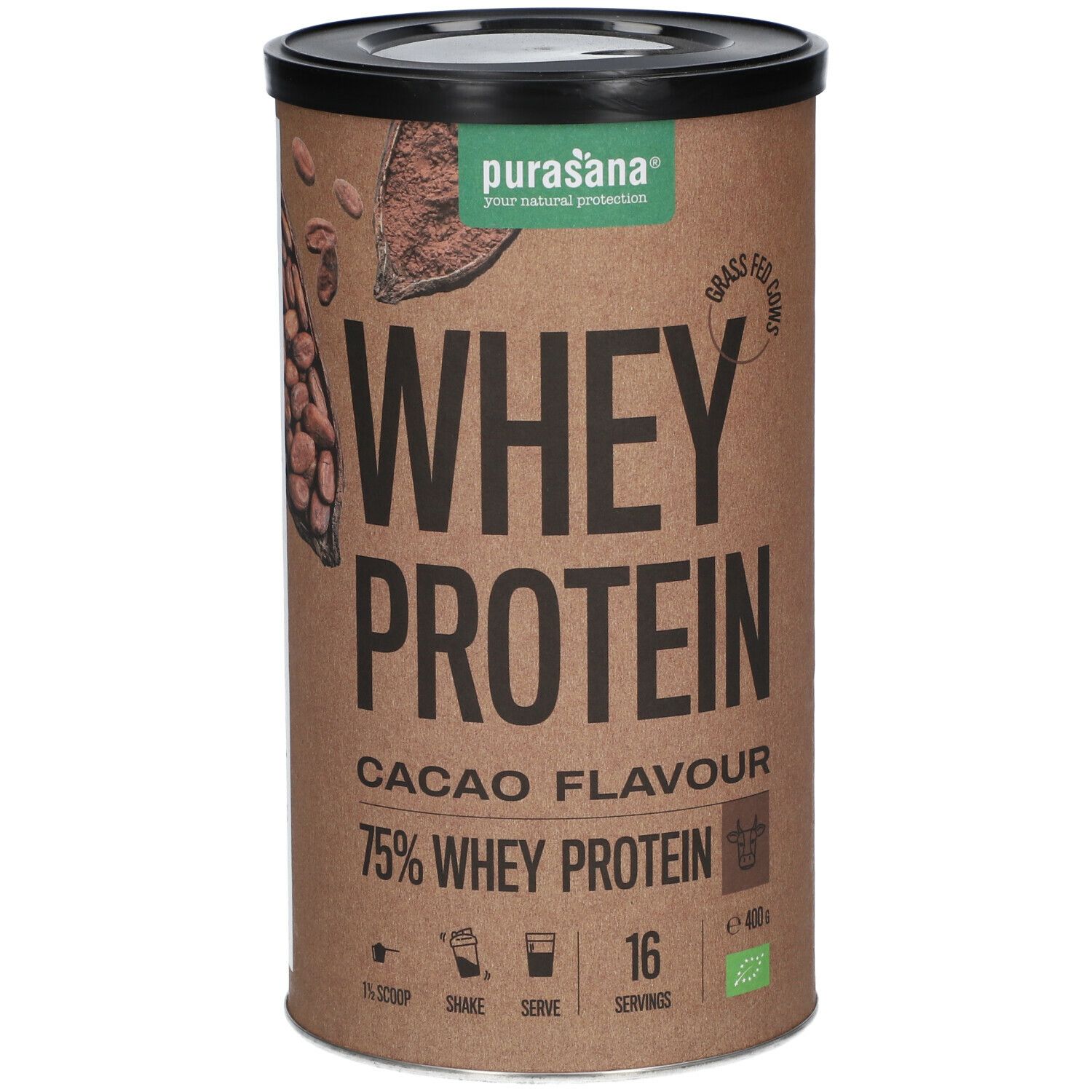 Boîte marron avec couvercle noir. Inscription : Whey Protein Cacao Flavour, 75% Whey Protein. Avec label bio.