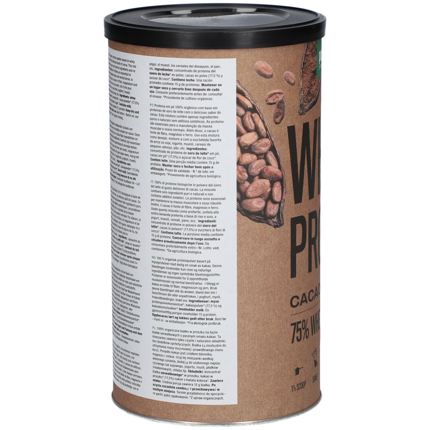 Boîte marron avec texte. Paragraphes en différentes langues. Avec label bio.