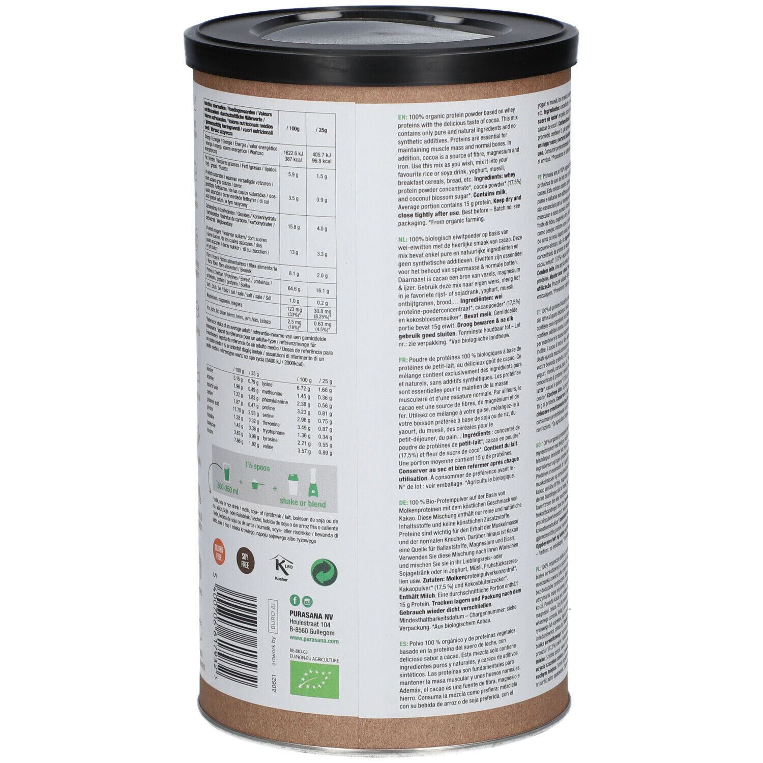 Boîte marron avec texte et informations nutritionnelles. Avec label bio.