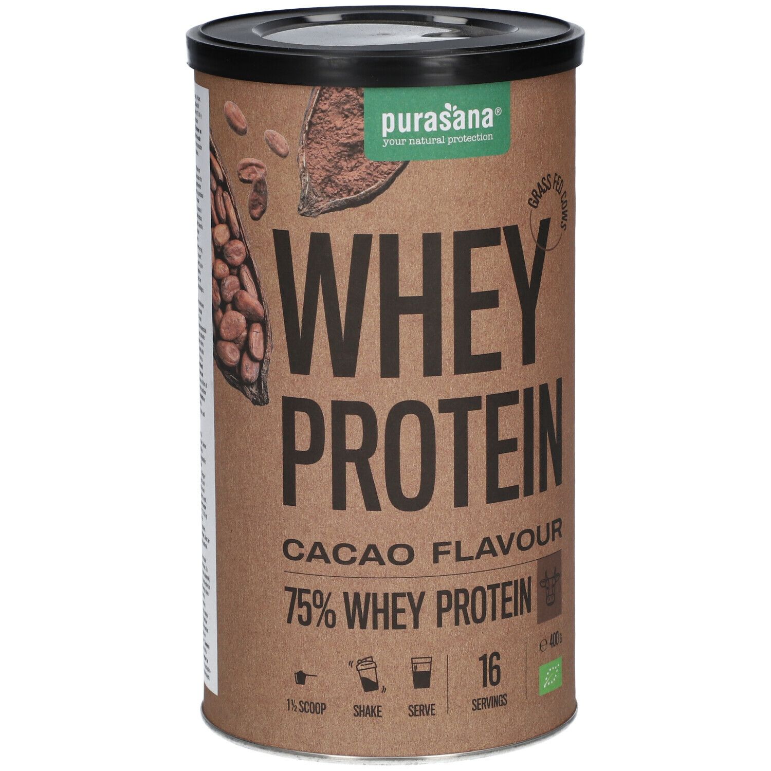 Boîte marron avec couvercle noir. Inscription : Whey Protein Cacao Flavour, 75% Whey Protein. Avec label bio.