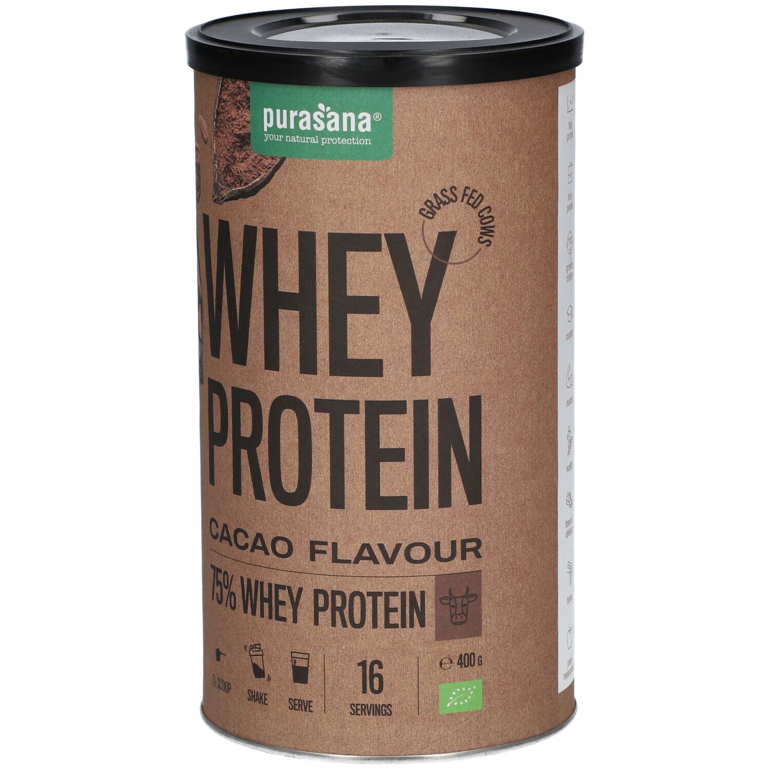 Boîte marron avec couvercle noir. Inscription : Whey Protein Cacao Flavour, 75% Whey Protein. Avec label bio.