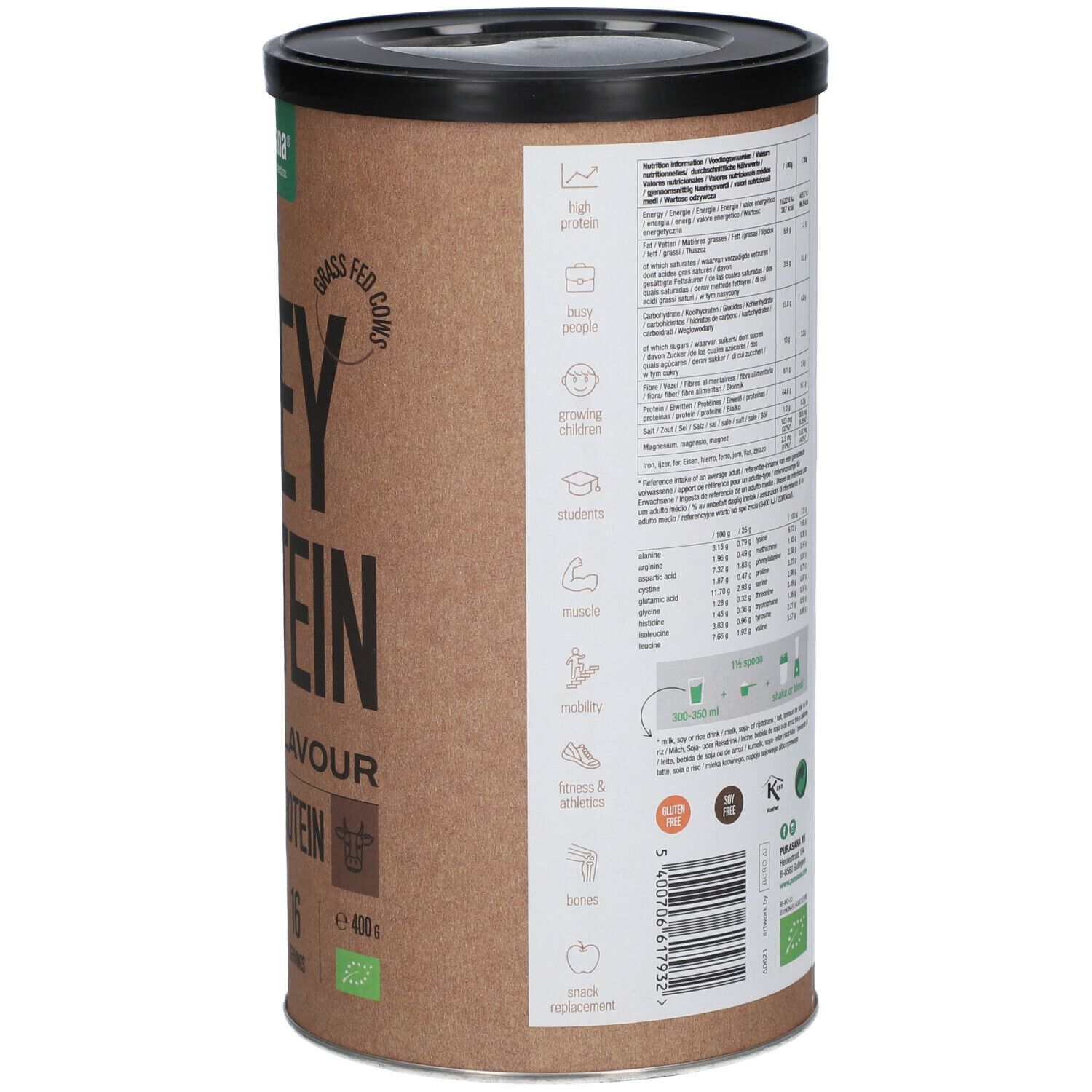 Boîte marron avec texte et informations nutritionnelles. Avec label bio.