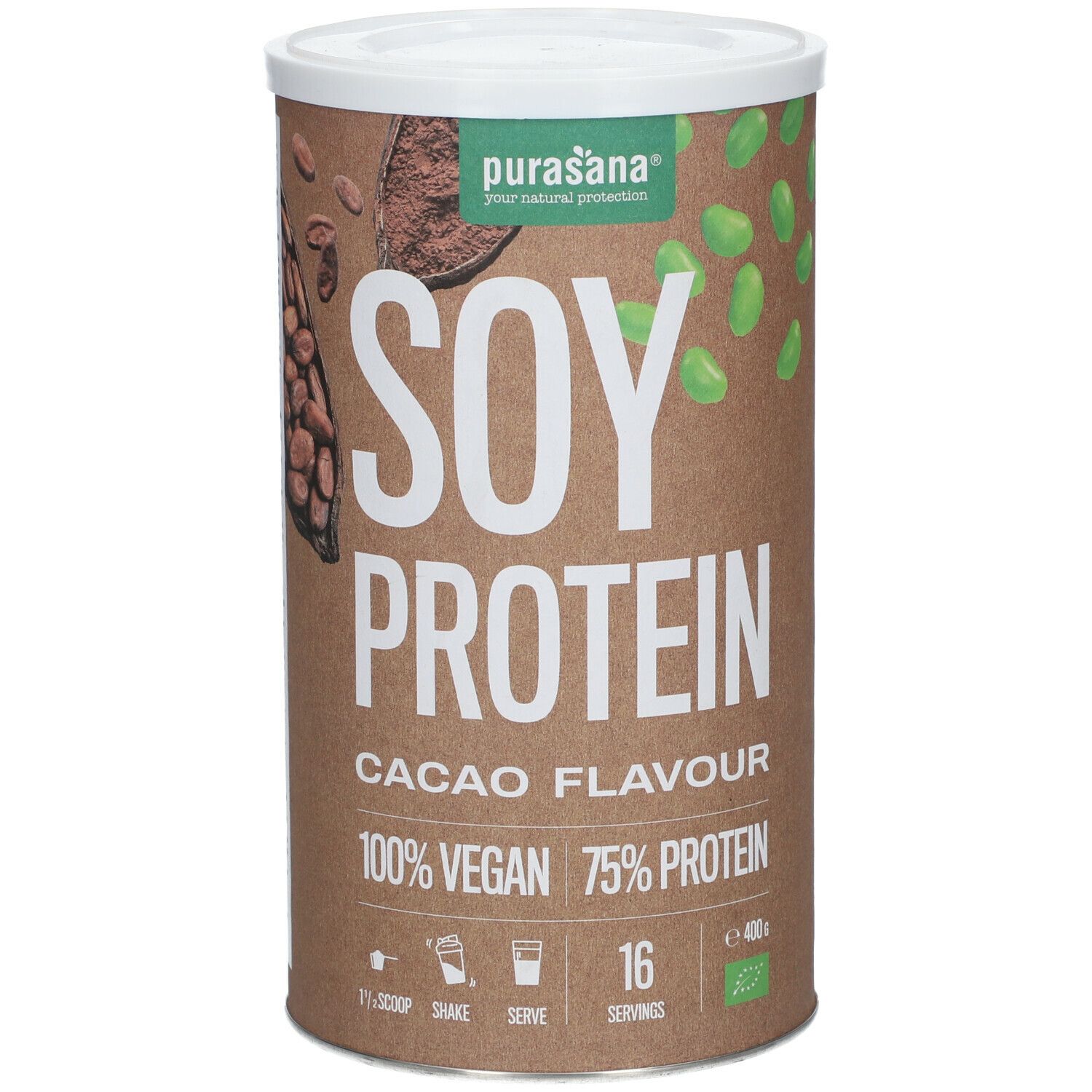 Boîte marron avec couvercle blanc. Inscription: SOY PROTEIN, CACAO FLAVOUR, 100% VEGAN, 75% PROTEIN. Avec logo et label bio.