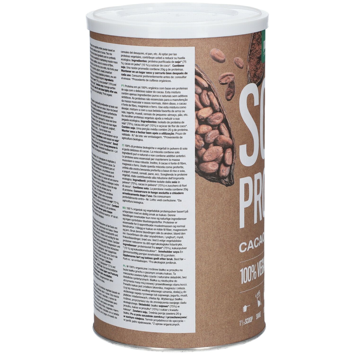 Boîte marron avec texte. Inscription: SOY PROTEIN, CACAO FLAVOUR, 100% VEGAN, 75% PROTEIN. Avec logo et label bio. Texte multilingue.
