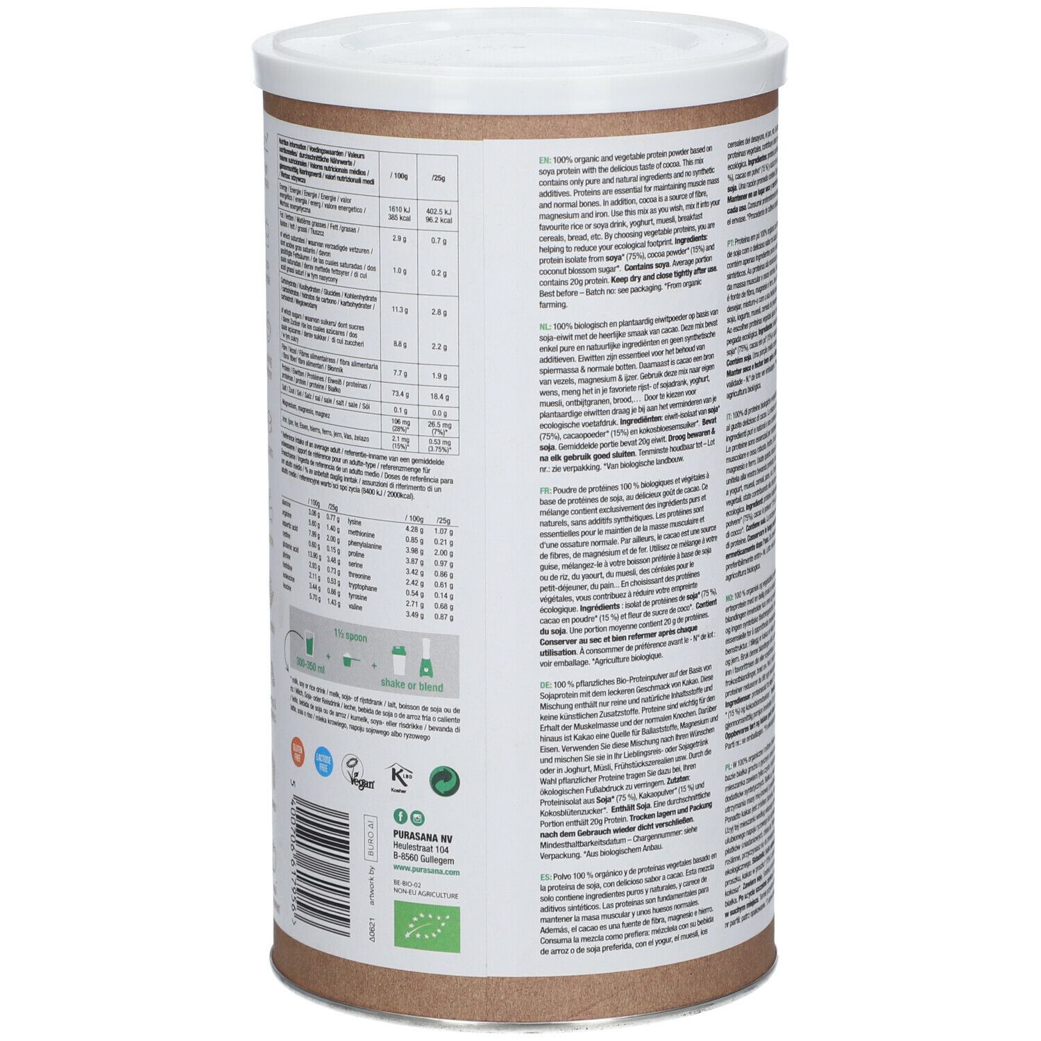 Boîte marron avec couvercle blanc. Inscription: SOY PROTEIN, CACAO FLAVOUR, 100% VEGAN, 75% PROTEIN. Avec logo et label bio. Informations nutritionnelles.