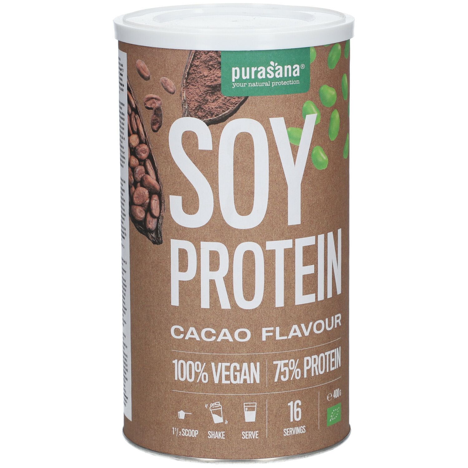 Boîte marron avec couvercle blanc. Inscription: SOY PROTEIN, CACAO FLAVOUR, 100% VEGAN, 75% PROTEIN. Avec logo et label bio.