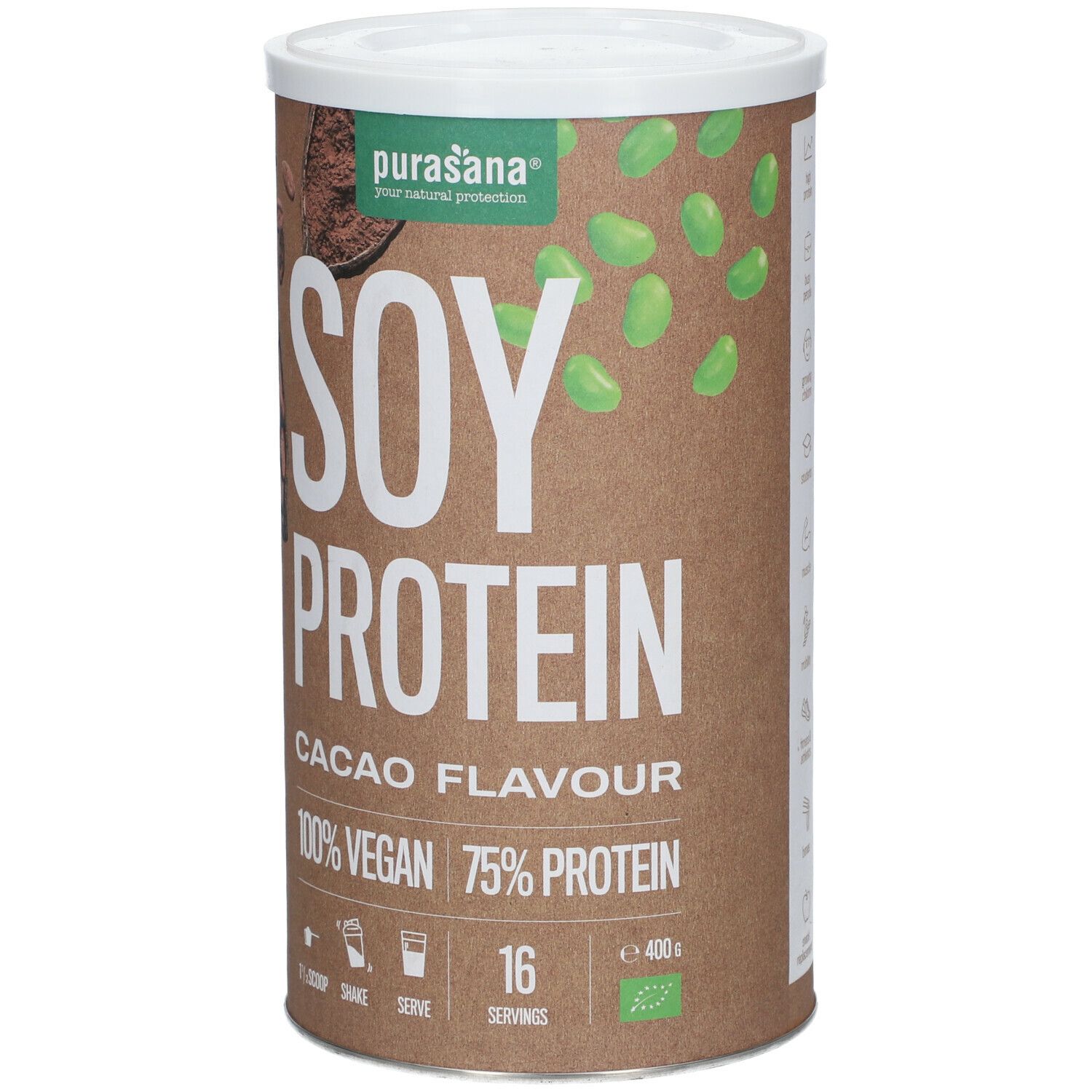 Boîte marron avec couvercle blanc. Inscription: SOY PROTEIN, CACAO FLAVOUR, 100% VEGAN, 75% PROTEIN. Avec logo et label bio.