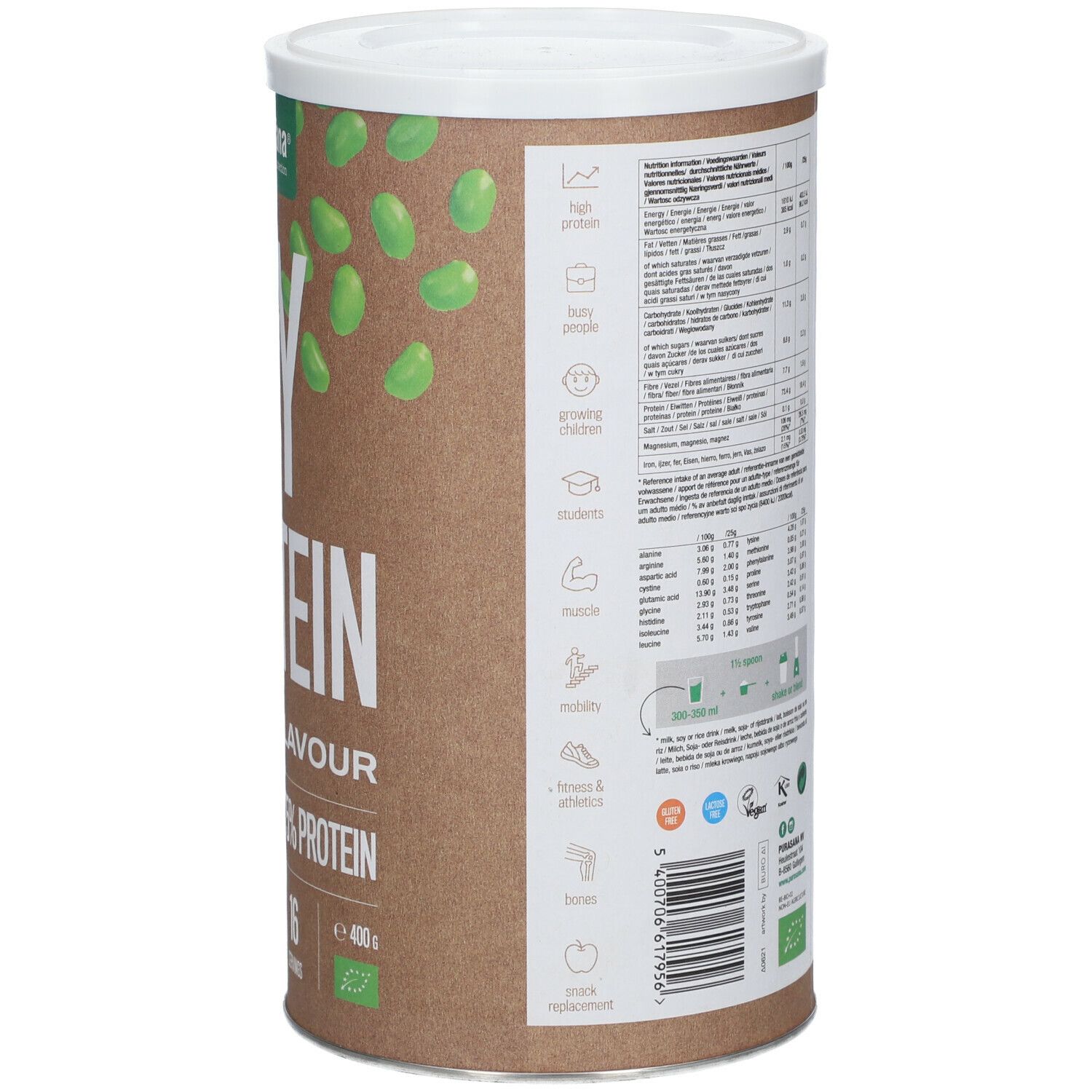 Boîte marron avec couvercle blanc. Inscription: SOY PROTEIN, CACAO FLAVOUR, 100% VEGAN, 75% PROTEIN. Avec logo et label bio. Informations nutritionnelles.