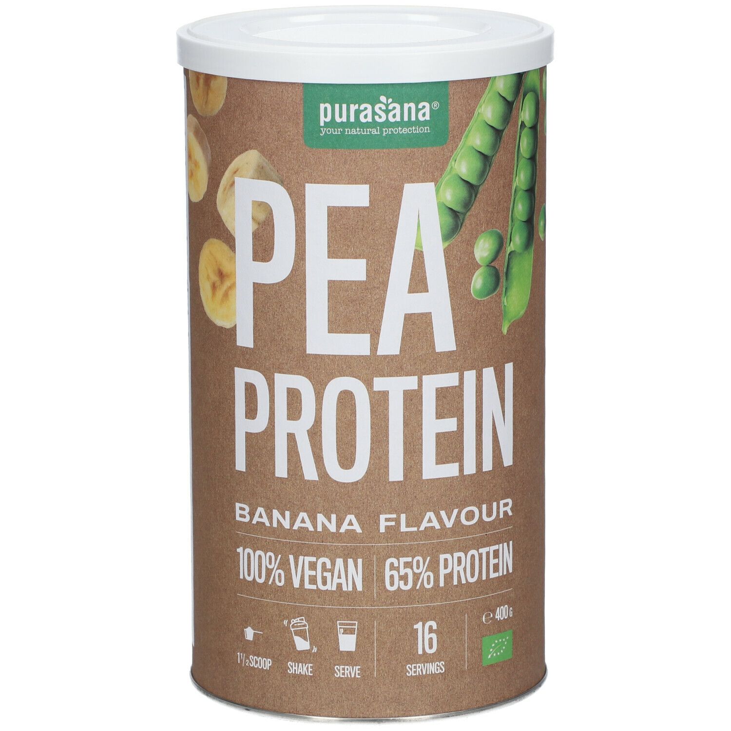 Boîte marron avec couvercle blanc. Inscription : PEA PROTEIN, BANANA FLAVOUR, 100% VEGAN, 65% PROTEIN. Logo : purasana®.