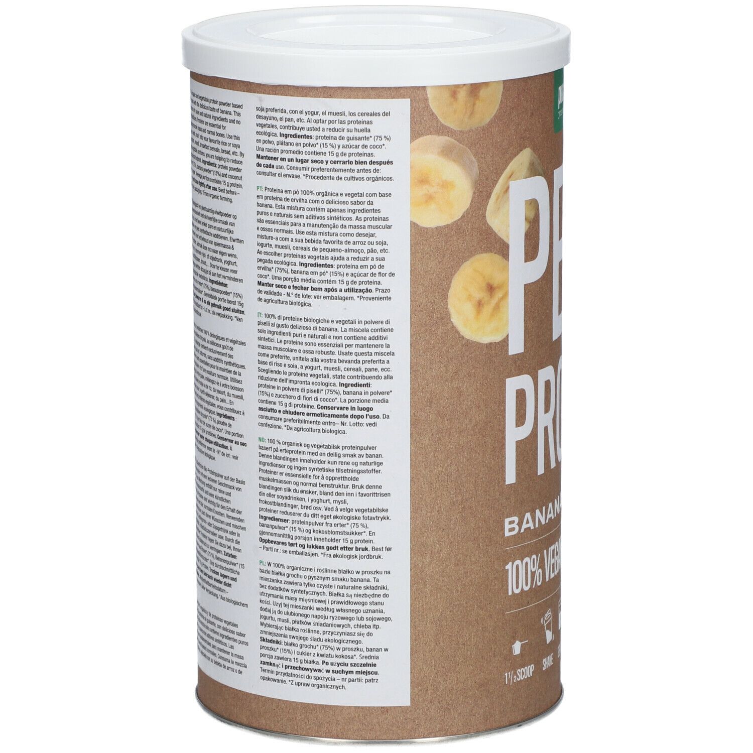 Boîte marron avec couvercle blanc. Texte en plusieurs langues. Inscription : PEA PROTEIN, BANANA FLAVOUR, 100% VEGAN.
