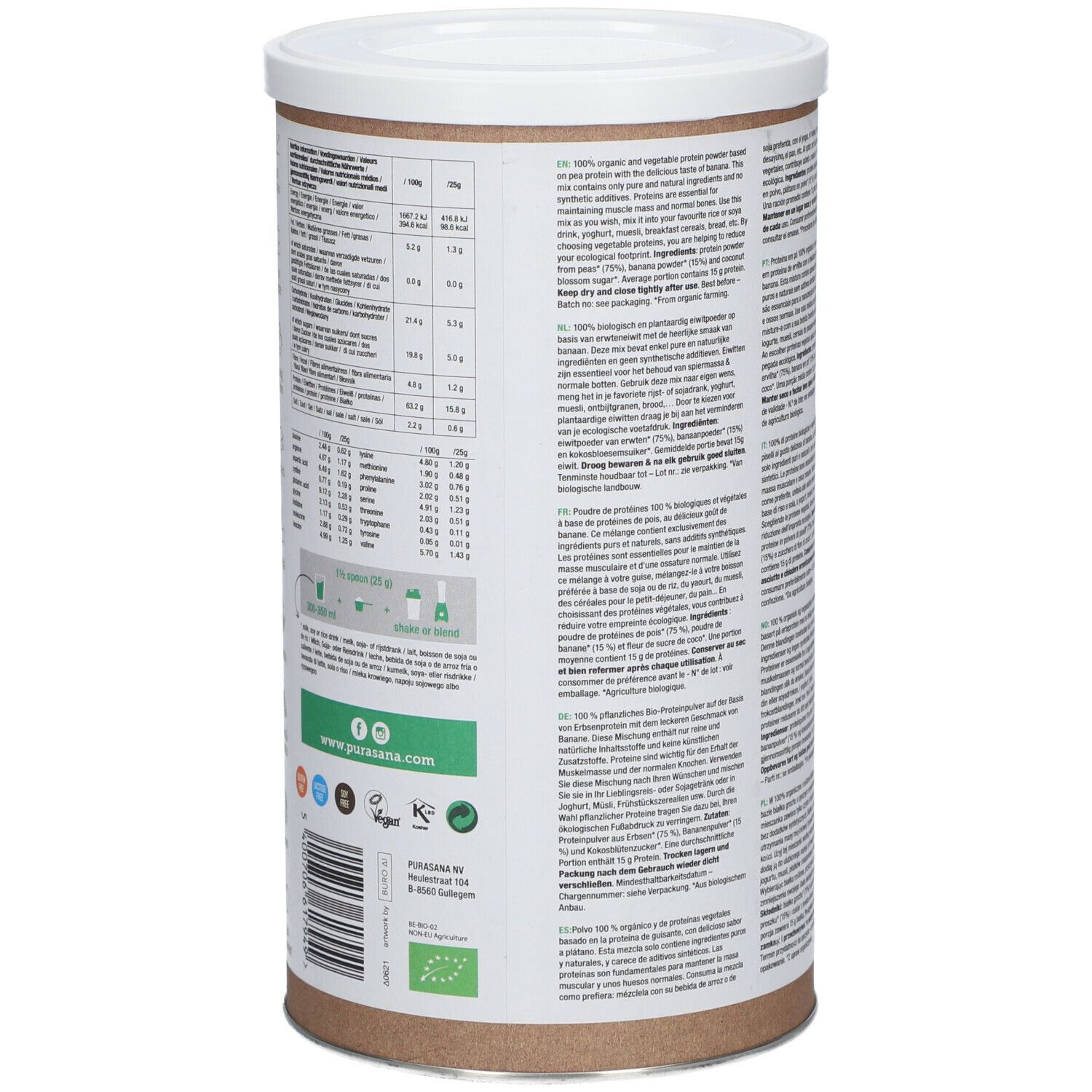 Boîte marron avec couvercle blanc. Dos avec texte et informations nutritionnelles. Logo : purasana® et label bio.