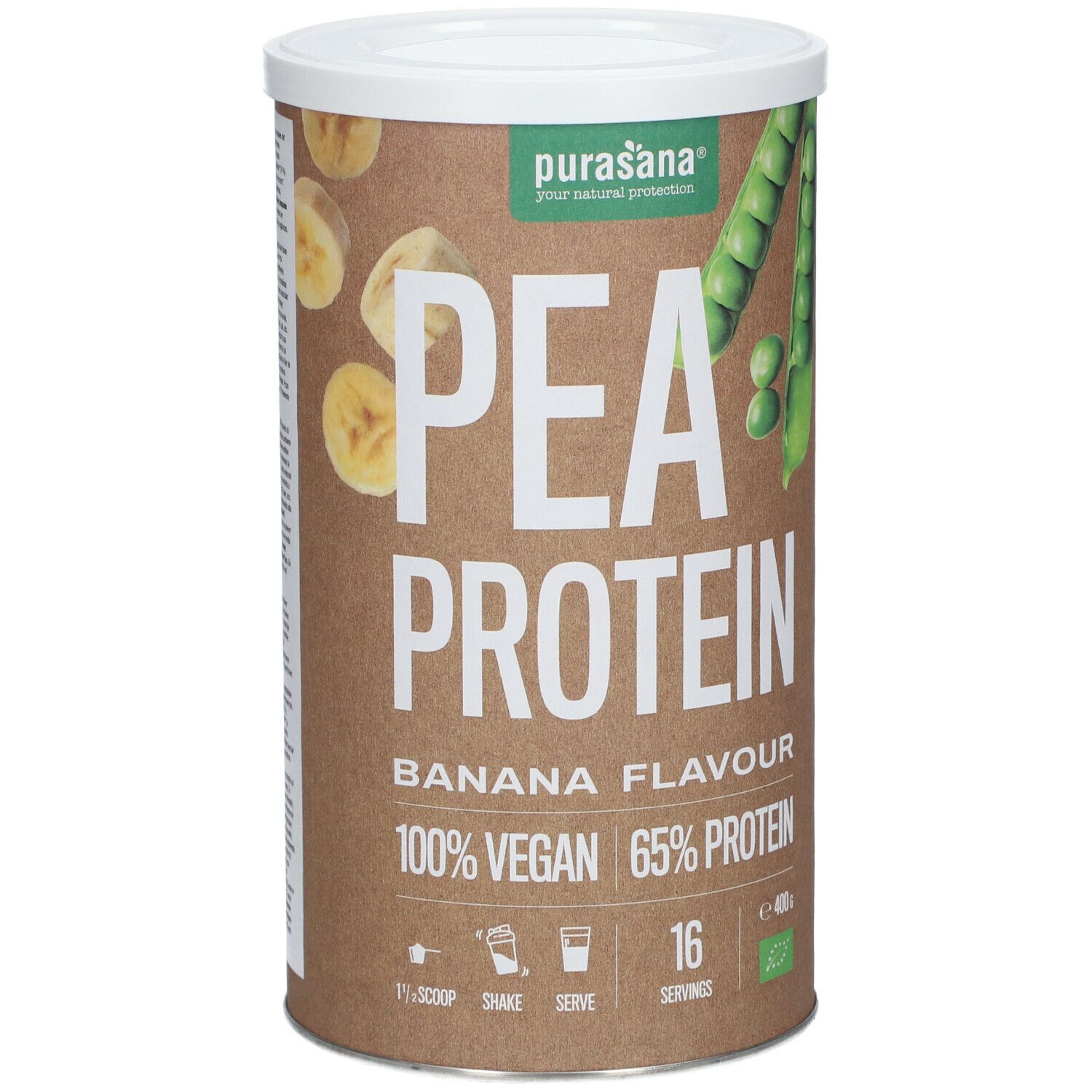 Boîte marron avec couvercle blanc. Inscription : PEA PROTEIN, BANANA FLAVOUR, 100% VEGAN, 65% PROTEIN. Logo : purasana®.