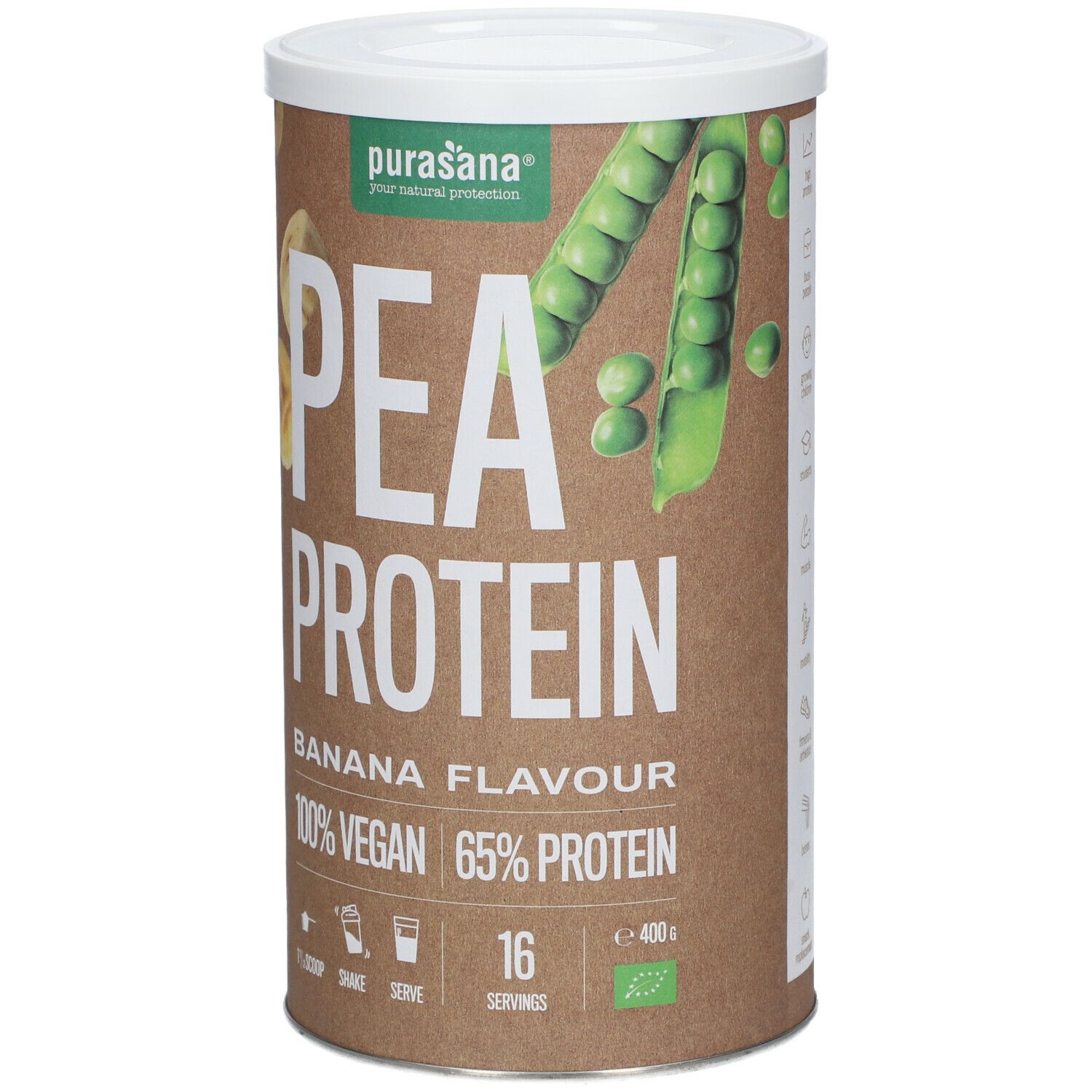 Boîte marron avec couvercle blanc. Inscription : PEA PROTEIN, BANANA FLAVOUR, 100% VEGAN, 65% PROTEIN. Logo : purasana®.