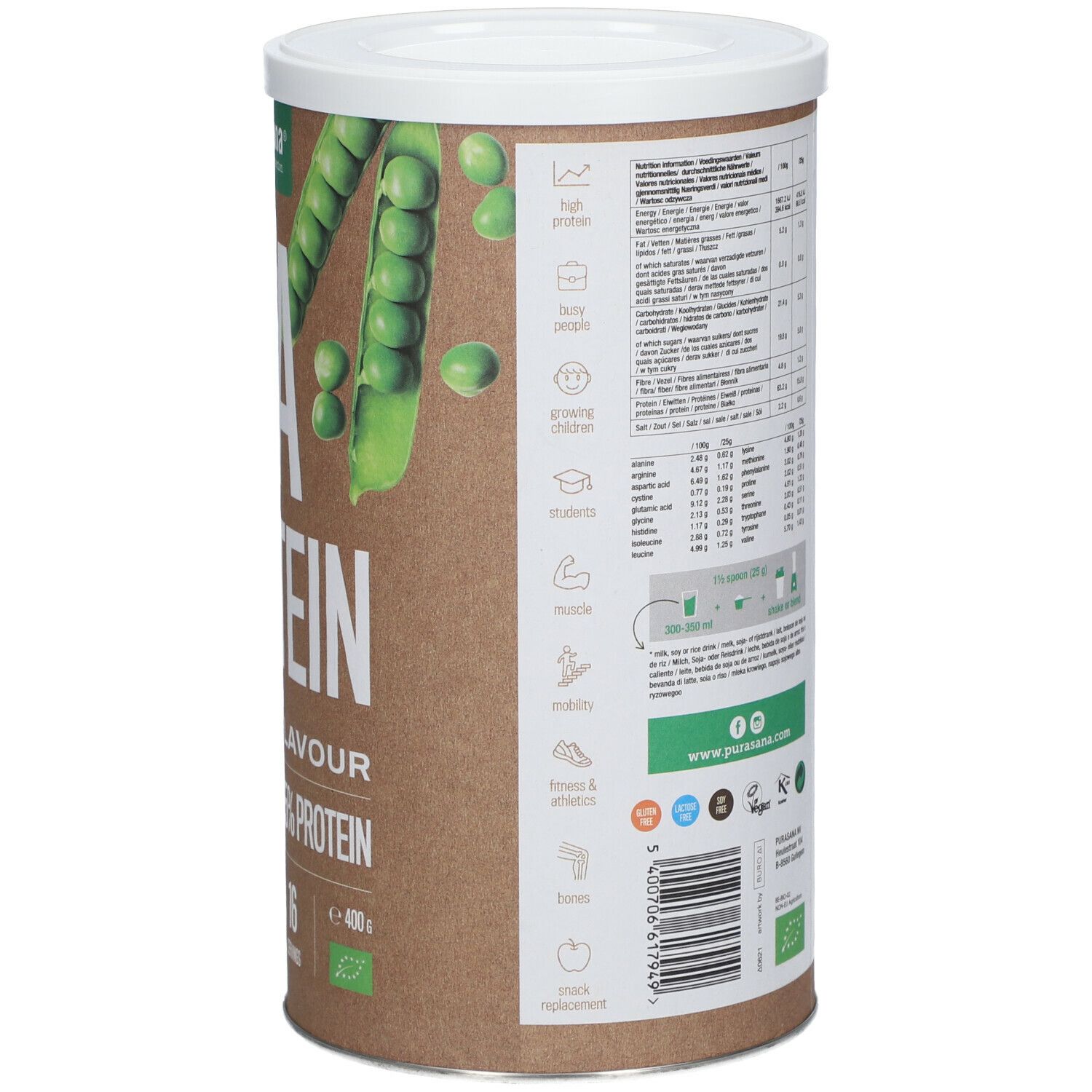 Boîte marron avec couvercle blanc. Dos avec texte et informations nutritionnelles. Logo : purasana® et label bio.