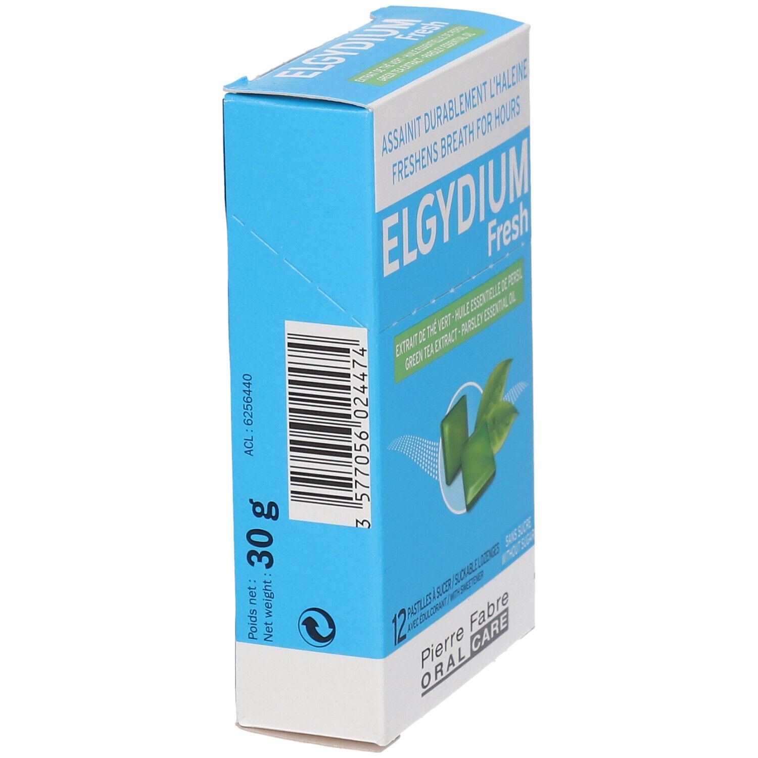 Schachtel ELGYDIUM Fresh, blau. Zeigt Barcode und Text: 30 g. Pierre Fabre Oral Care.