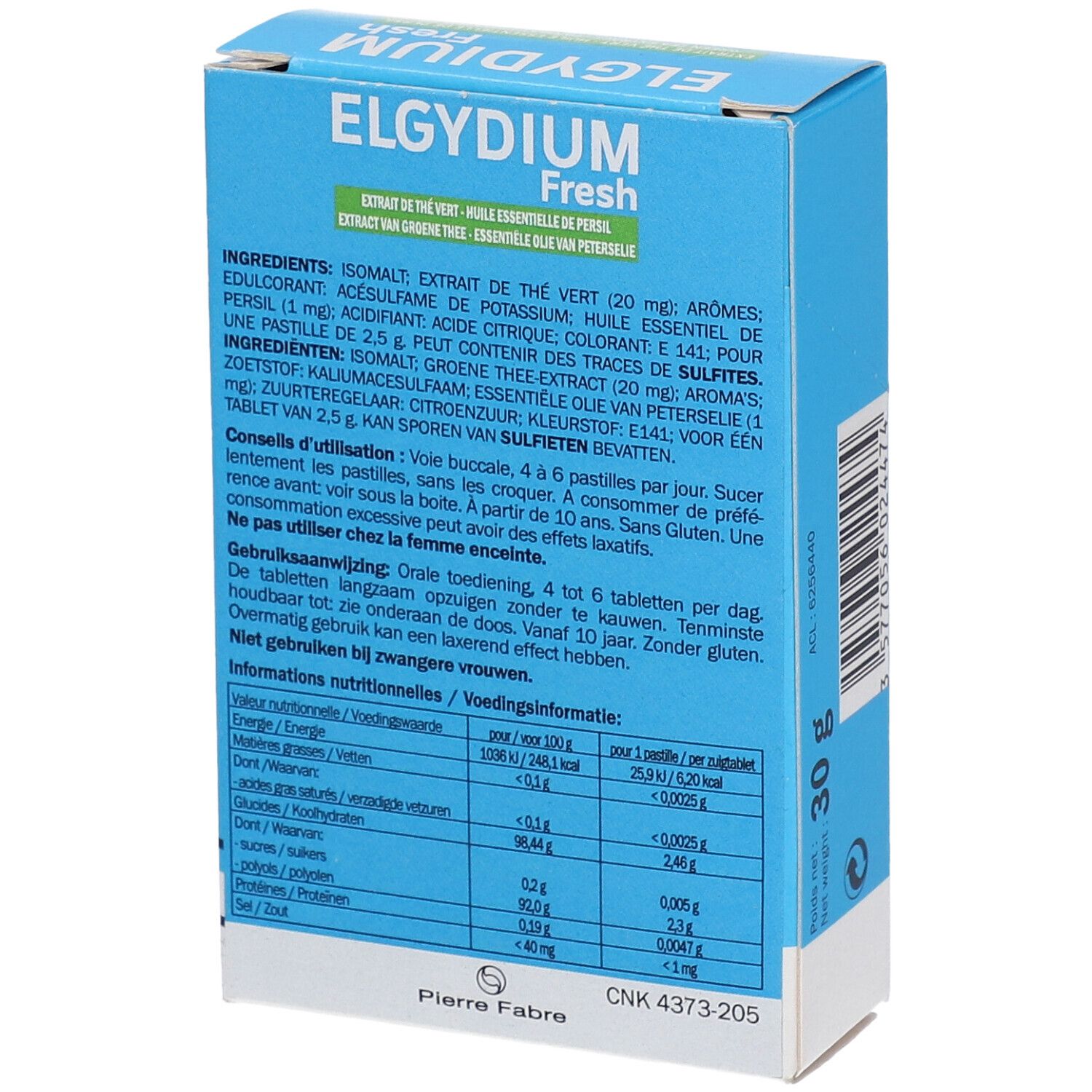 Rückseite der ELGYDIUM Fresh Schachtel. Enthält Inhaltsstoffe, Anwendungshinweise und Nährwertangaben.