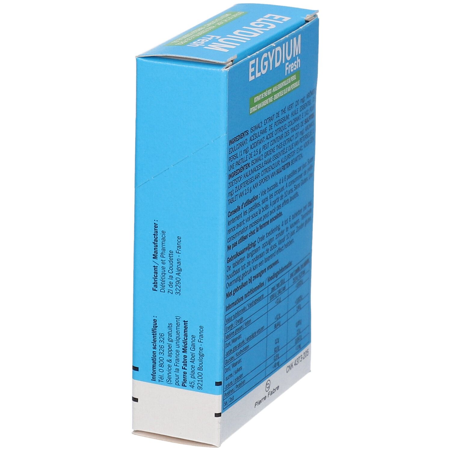 Schachtel ELGYDIUM Fresh, blau. Zeigt Text und Informationen des Herstellers.