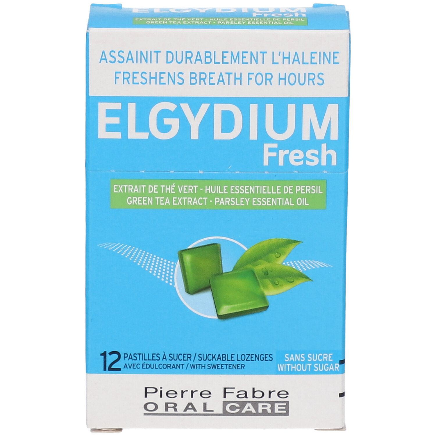 Blau-weiße Schachtel mit ELGYDIUM Fresh. Zeigt grüne Pastillen und Blätter. Text: Pierre Fabre Oral Care.