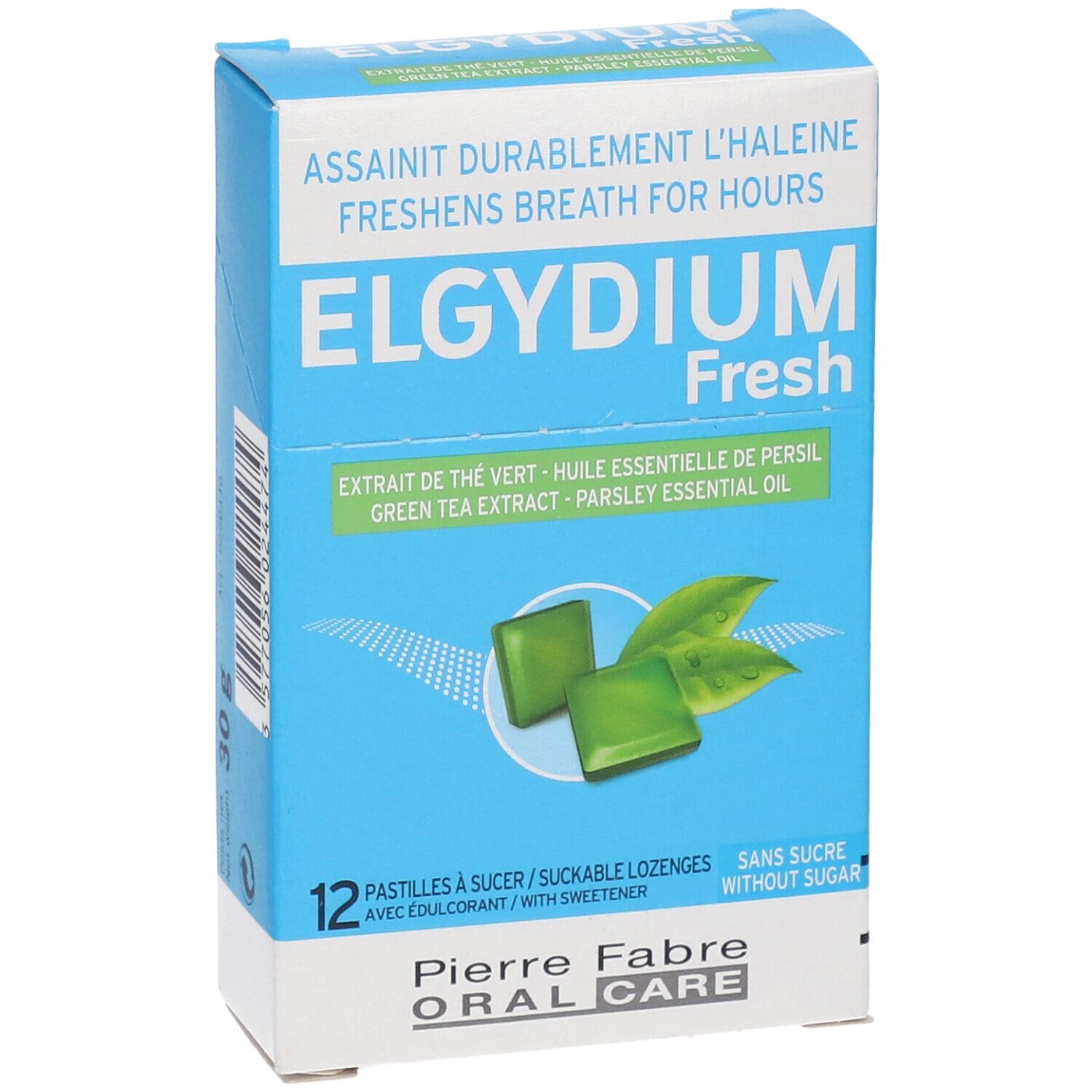 Blau-weiße Schachtel mit ELGYDIUM Fresh. Zeigt grüne Pastillen und Blätter. Text: Pierre Fabre Oral Care.