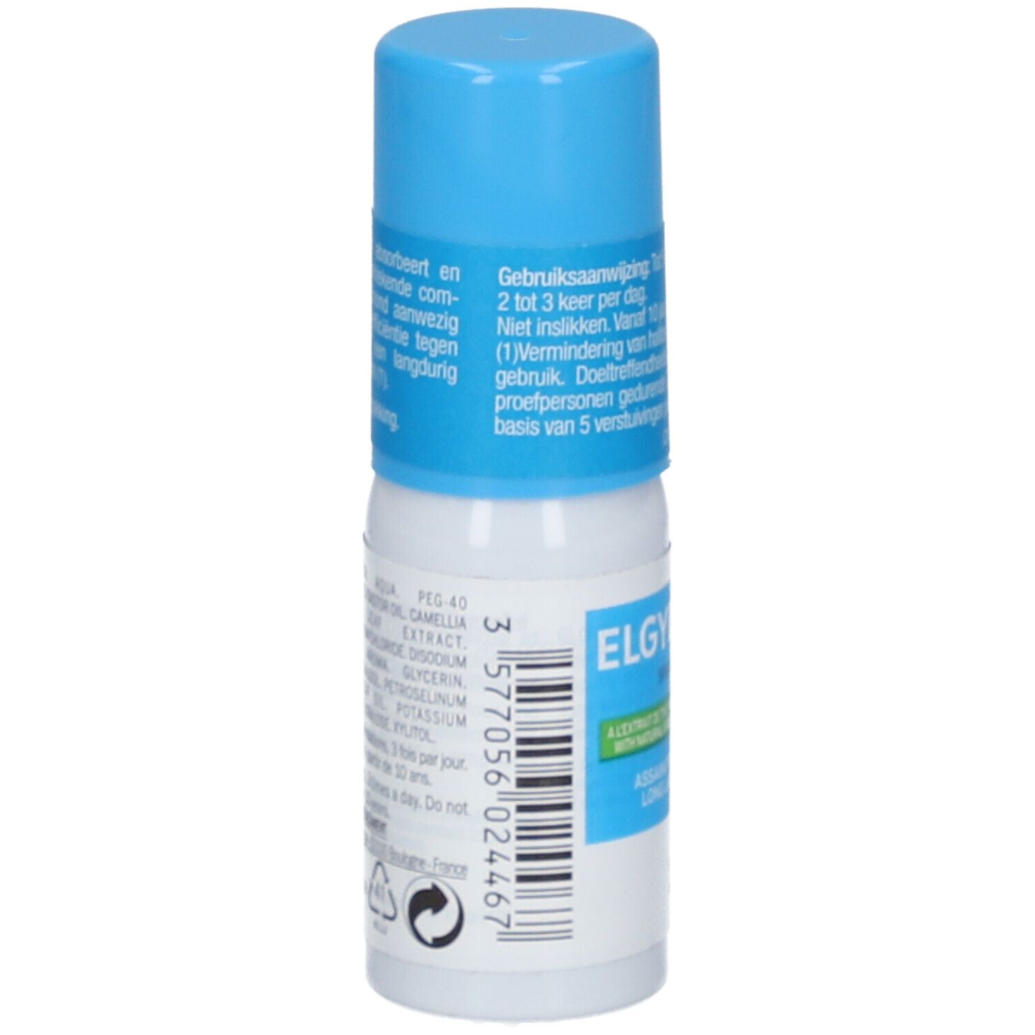 Mundspray mit blauem Deckel. Rückseite mit Text und Inhaltsstoffen. Produktname: Elgydium Fresh.