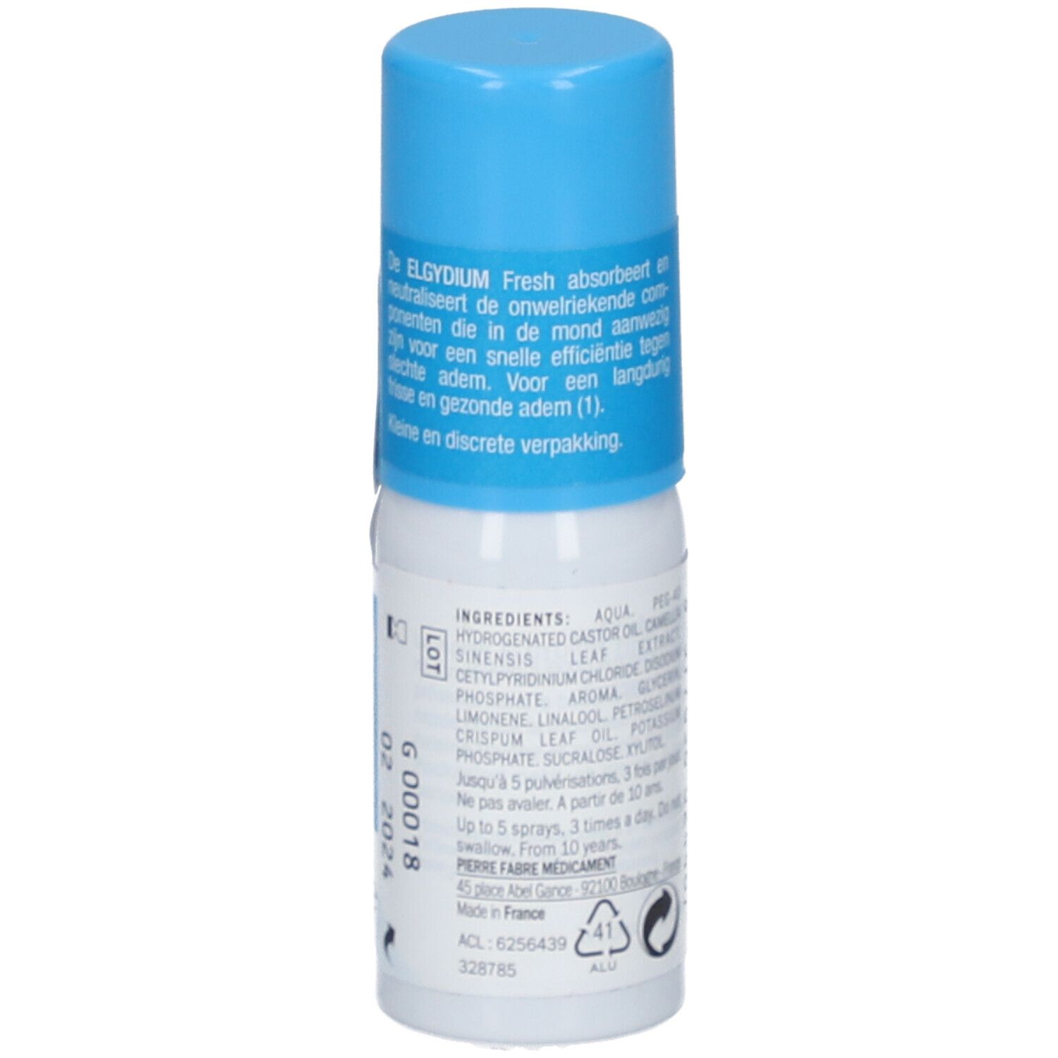Mundspray mit blauem Deckel. Rückseite mit Inhaltsstoffen und Text. Produktname: Elgydium Fresh.