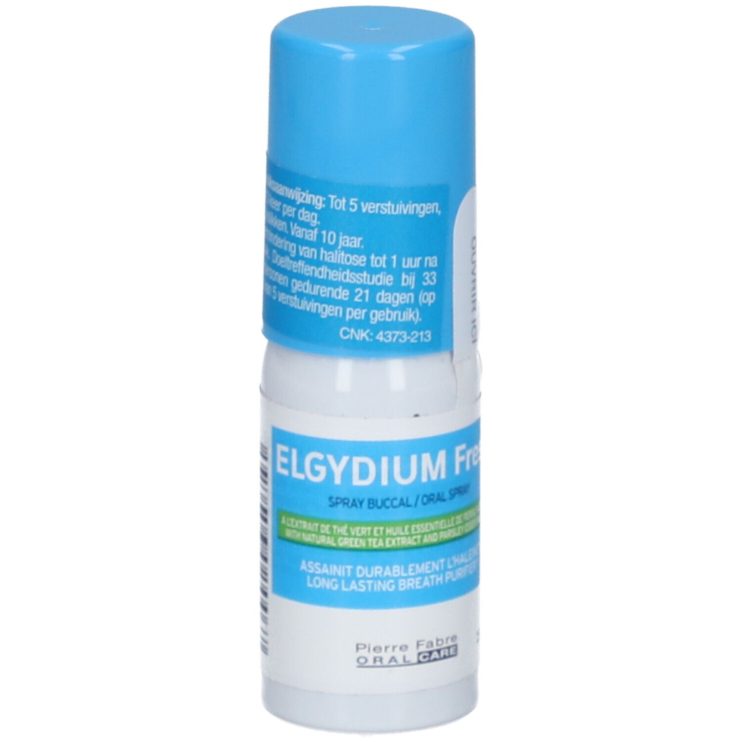 Mundspray mit blauem Deckel. Produktname: Elgydium Fresh. Text: Spray buccal/oral spray. Mit grünem Tee Extrakt.