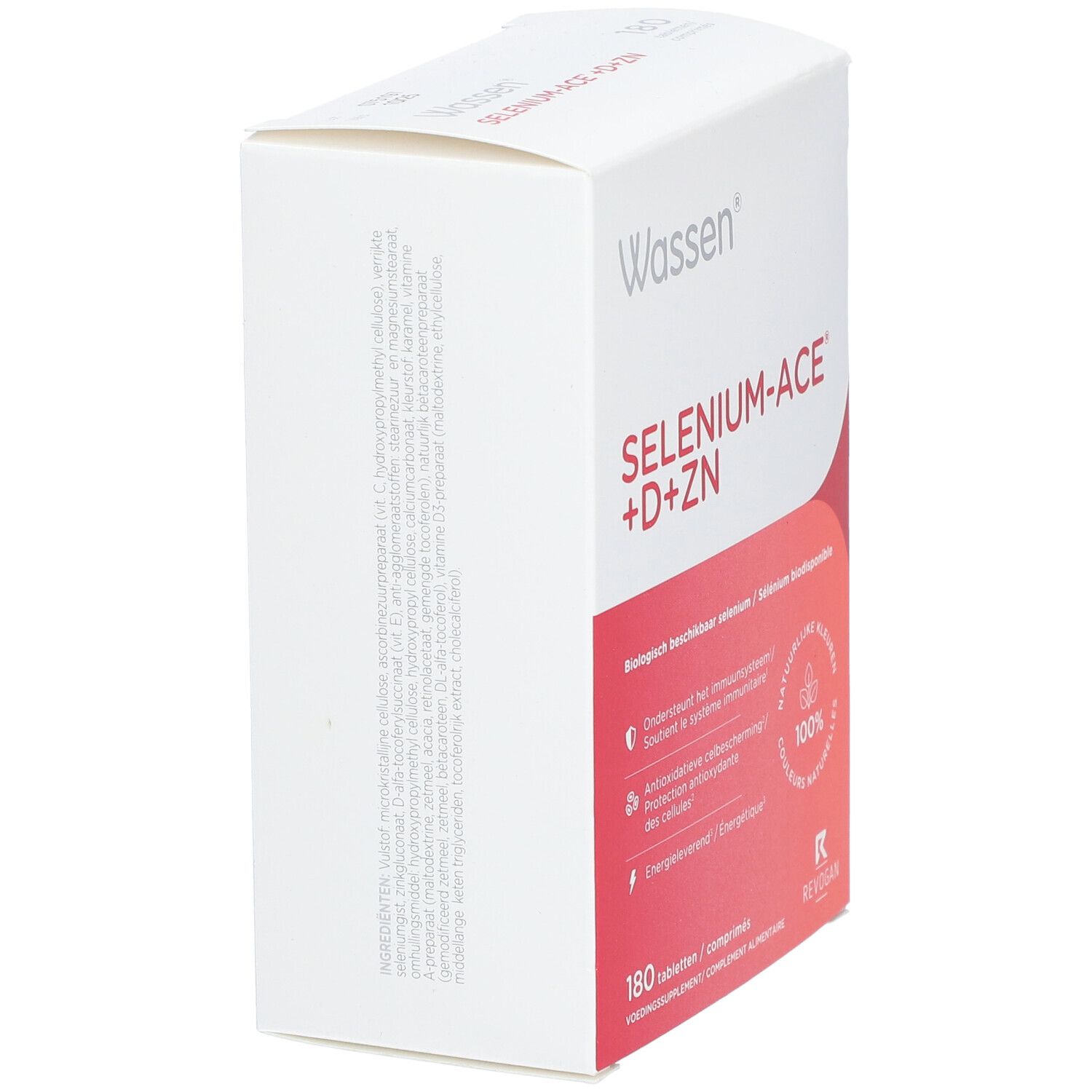 Witte doos met "Wassen Selenium-ACE +D+ZN". Tekst in het Nederlands. Bevat 180 tabletten. Merk Revogan.