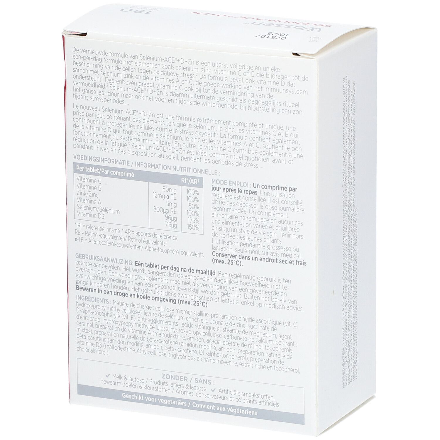 Achterkant van de witte doos "Wassen Selenium-ACE +D+ZN". Tekst in het Nederlands en Frans. Bevat informatie.