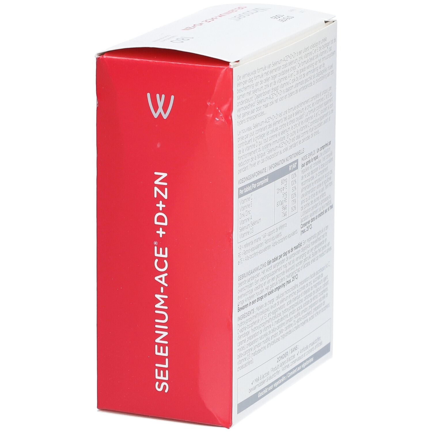 Rode zijkant van de witte doos "Wassen Selenium-ACE +D+ZN". Merk Revogan. Tekst in het Nederlands.