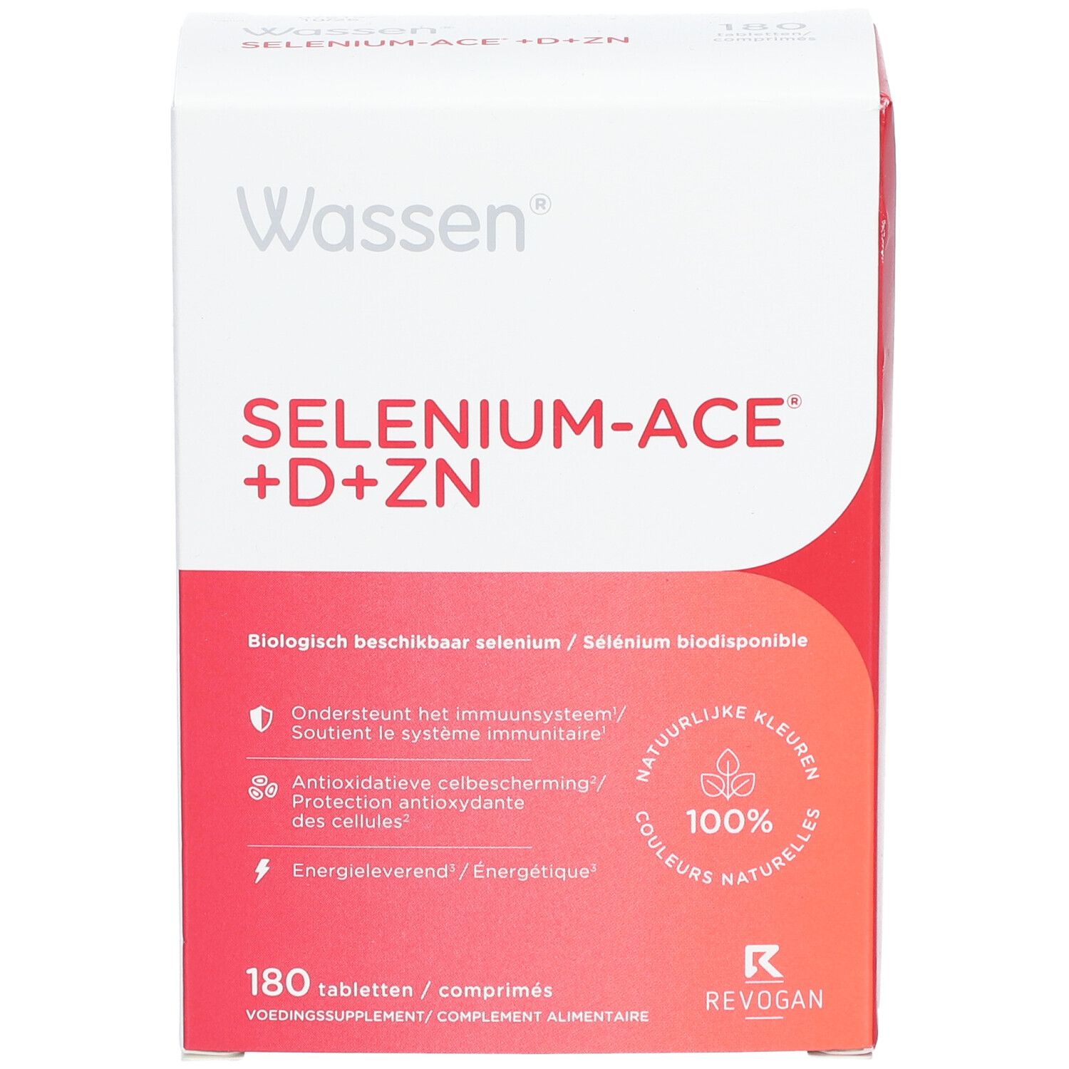 Witte doos met "Wassen Selenium-ACE +D+ZN". Bevat 180 tabletten. Opschrift: "100% natuurlijke kleuren". Merk Revogan.