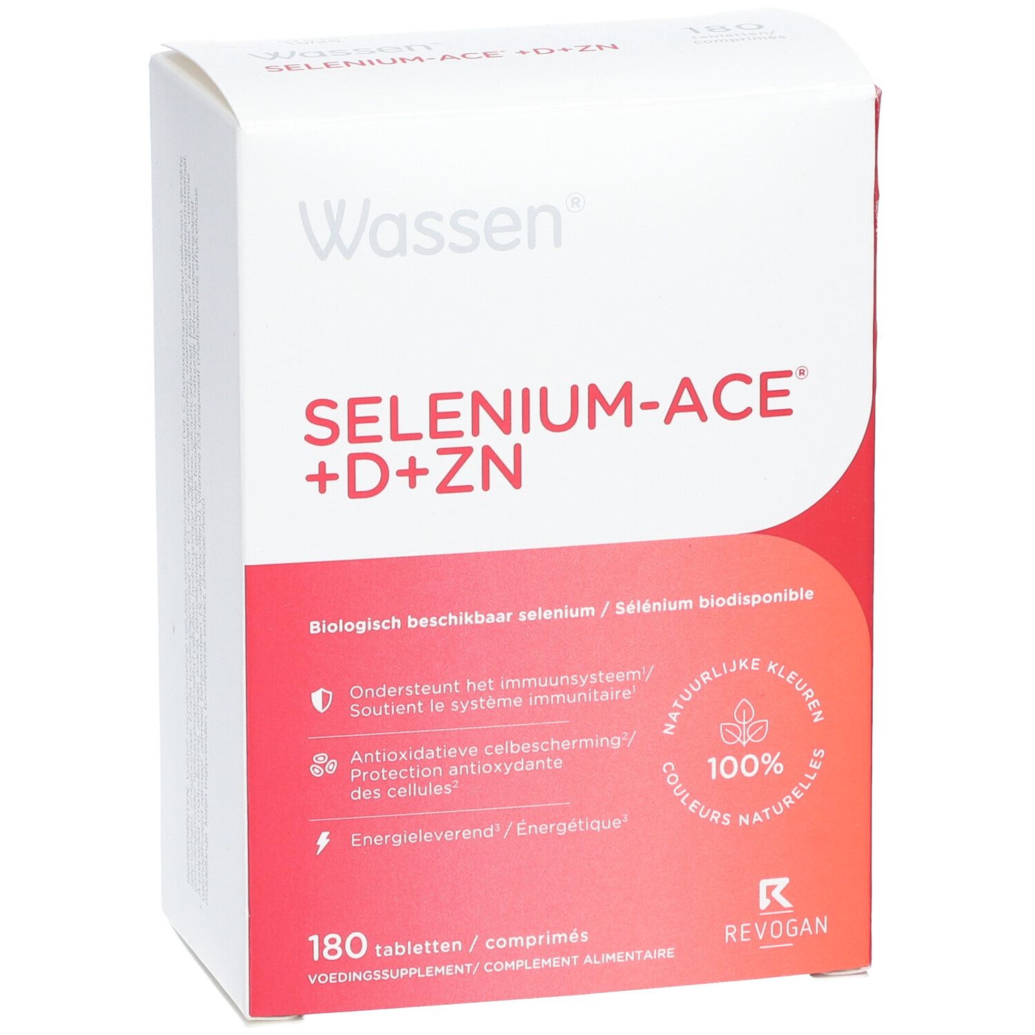 Witte doos met "Wassen Selenium-ACE +D+ZN". Bevat 180 tabletten. Opschrift: "100% natuurlijke kleuren". Merk Revogan.