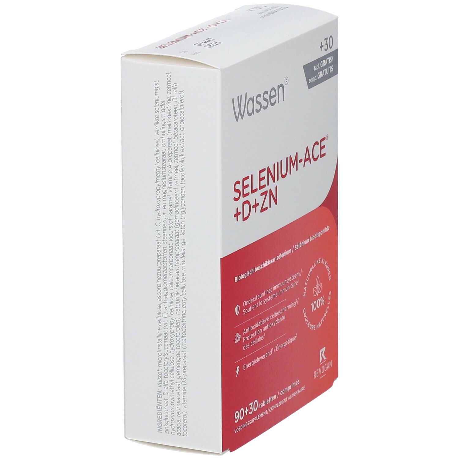 Wassen Selenium-ACE+D+ZN verpakking, schuin. Rode en witte doos met productnaam en info. 90+30 tabletten.