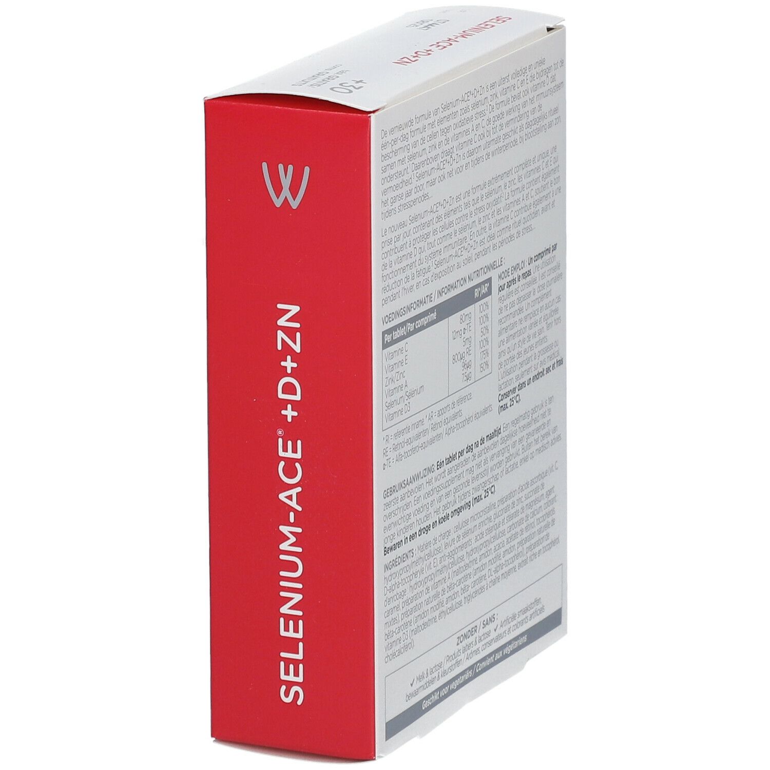Wassen Selenium-ACE+D+ZN verpakking, schuin. Rode en witte doos met productnaam en info. Meertalige tekst.