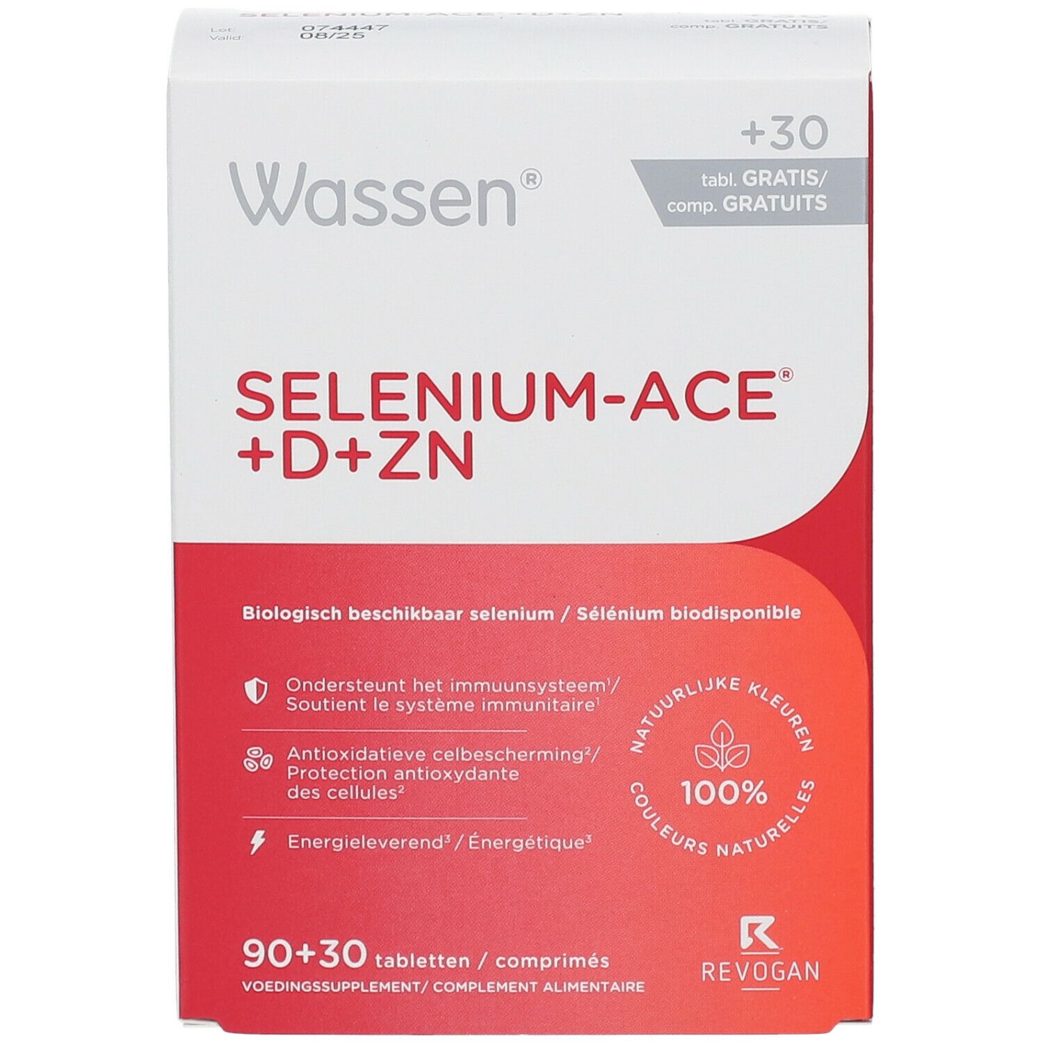 Wassen Selenium-ACE+D+ZN verpakking. Rode en witte doos met productnaam en info. 90+30 tabletten. Natuurlijke kleuren.