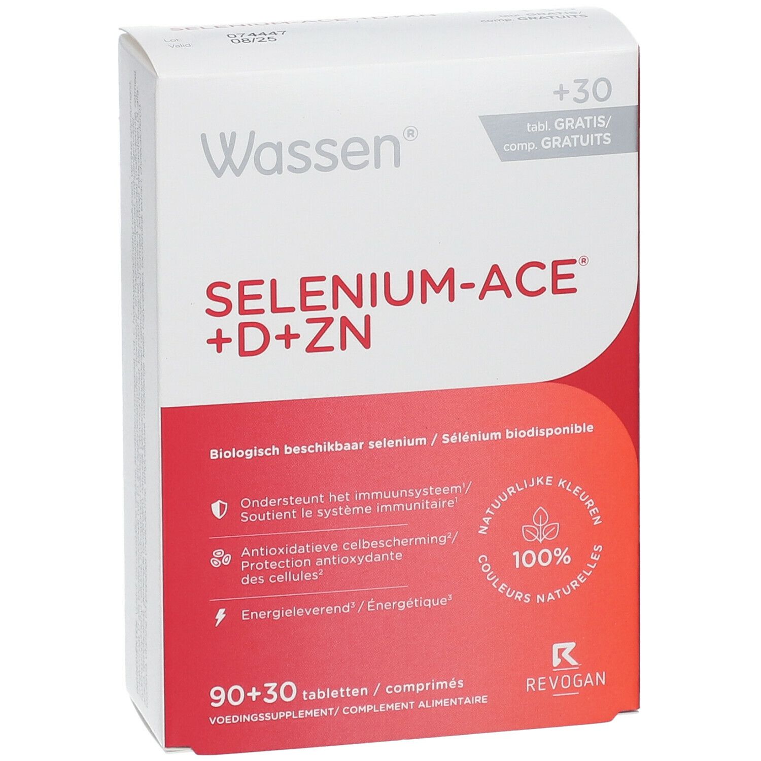 Wassen Selenium-ACE+D+ZN verpakking. Rode en witte doos met productnaam en info. 90+30 tabletten. Natuurlijke kleuren.
