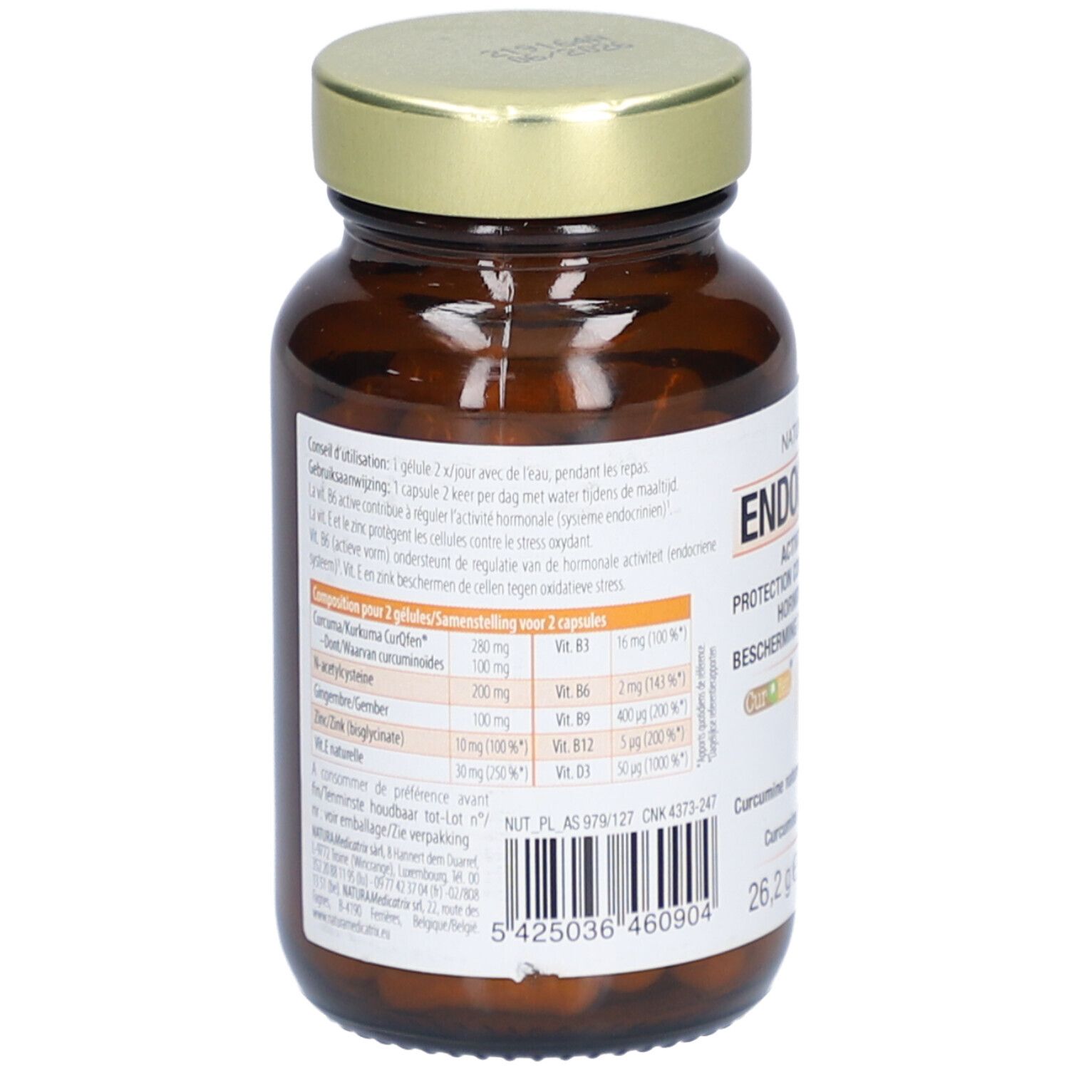 Achterkant van een bruine glazen fles met gouden dop. Bevat informatie over ingrediënten en dosering.