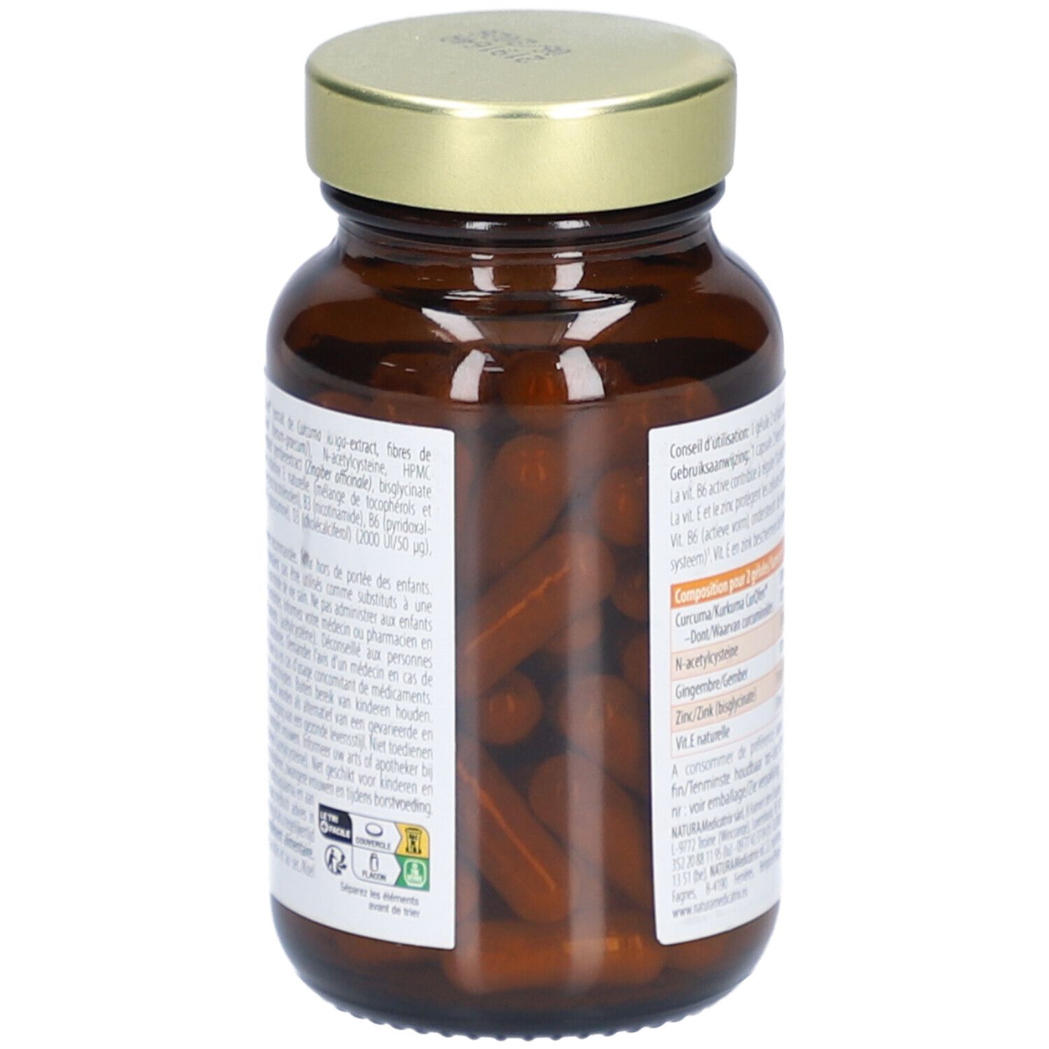 Bruine glazen fles met gouden dop, gevuld met bruine capsules. Etiket met productinformatie.