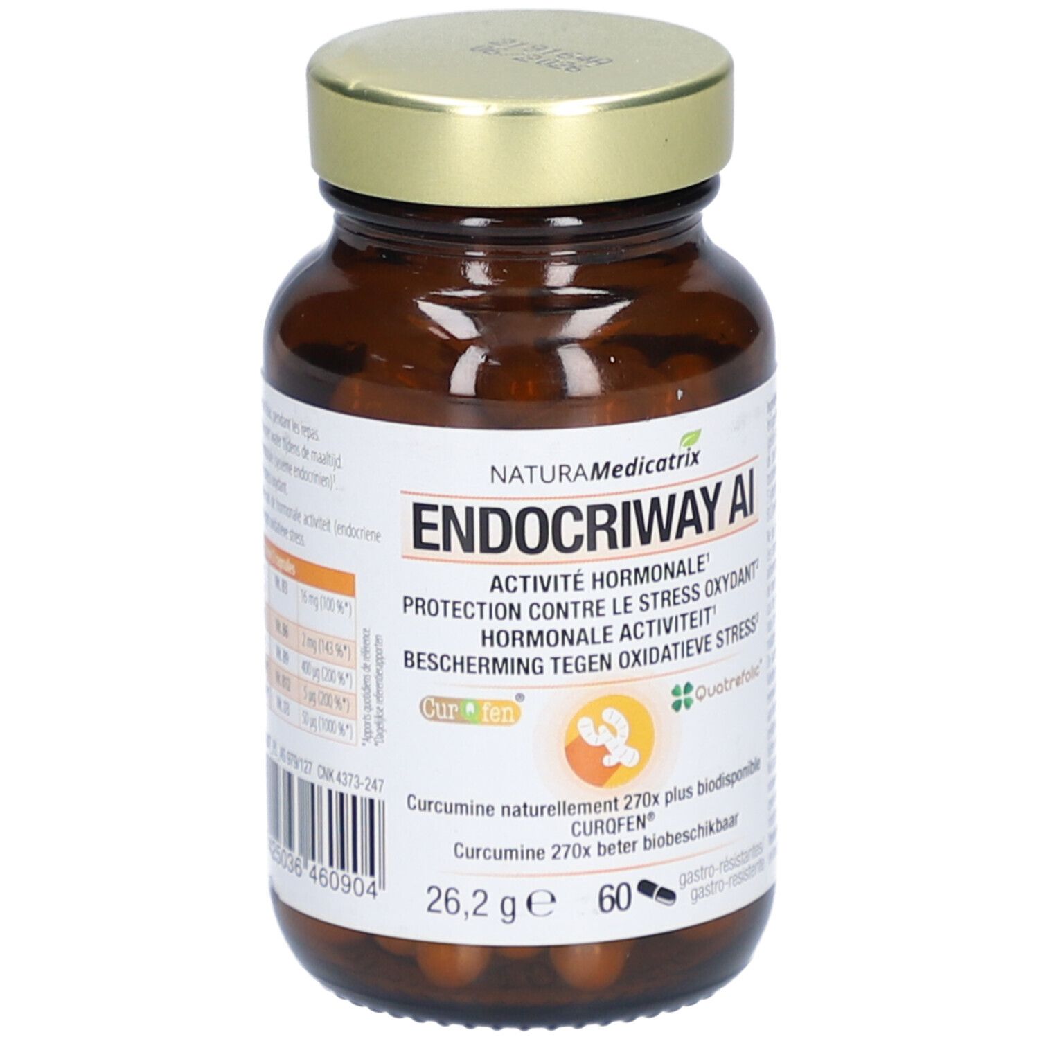 Bruine glazen fles met gouden dop. Opschrift: Naturamedicatrix Endocriway AI. Bevat 60 capsules.