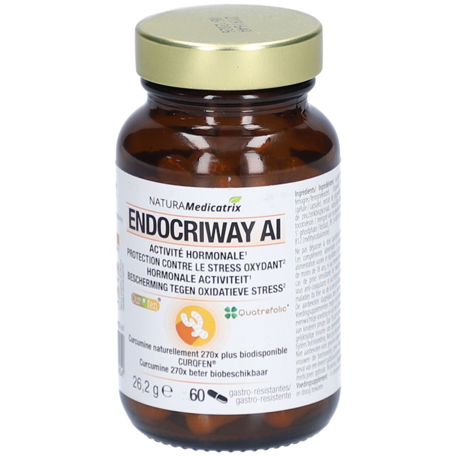 Bruine glazen fles met gouden dop. Opschrift: Naturamedicatrix Endocriway AI. Bevat 60 capsules.