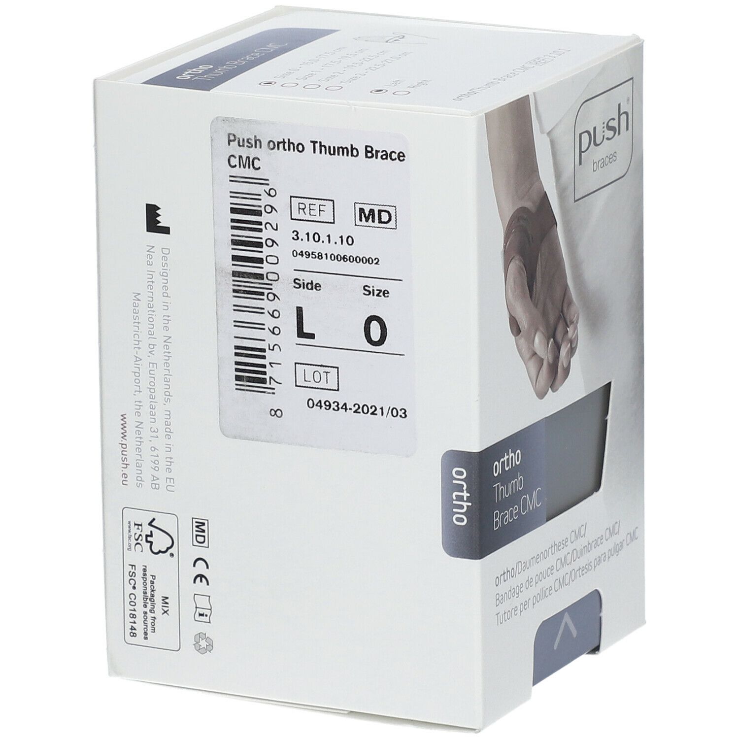 Verpakking van de Push Ortho Duimbrace CMC. Opschrift: ortho, Thumb Brace CMC, Push braces. Maat: L, 0. Productafbeelding.